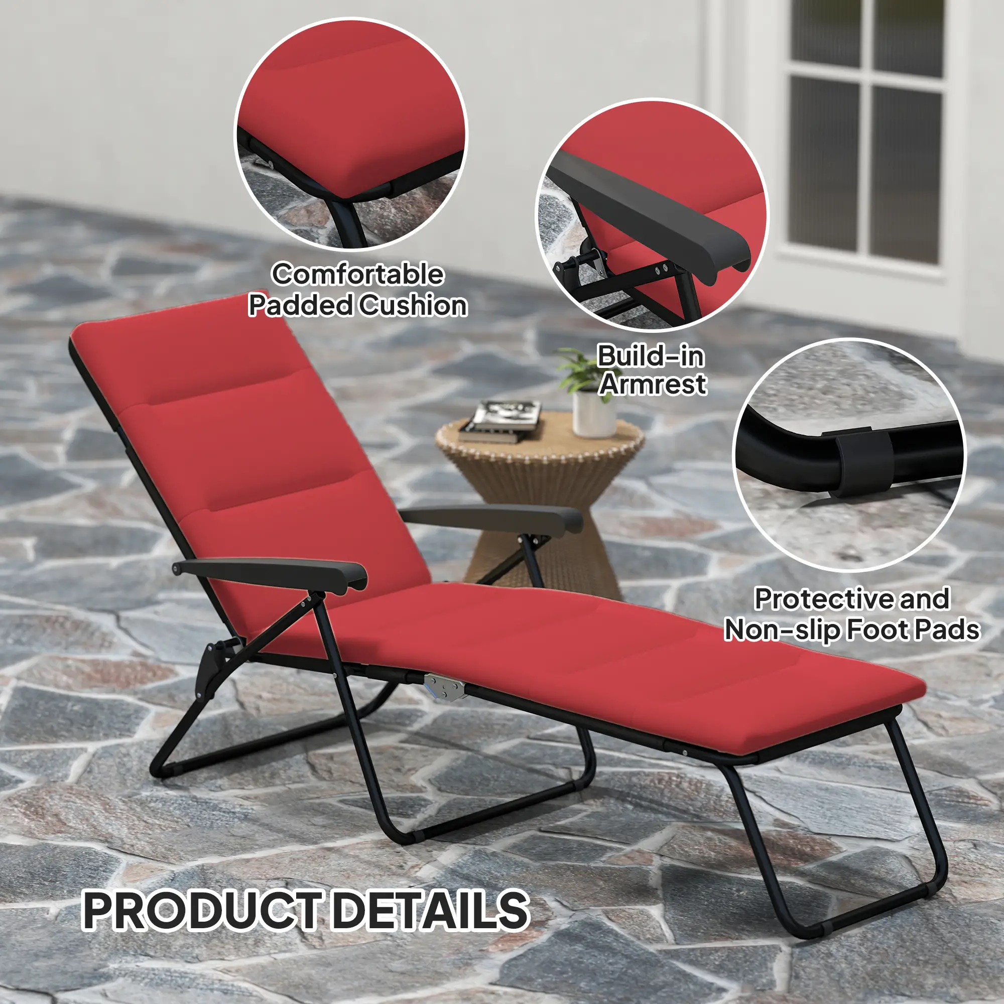 Foldable Reclining Patio Lounge Chair, 6-Position Adjustable, Wine Red - Image 5