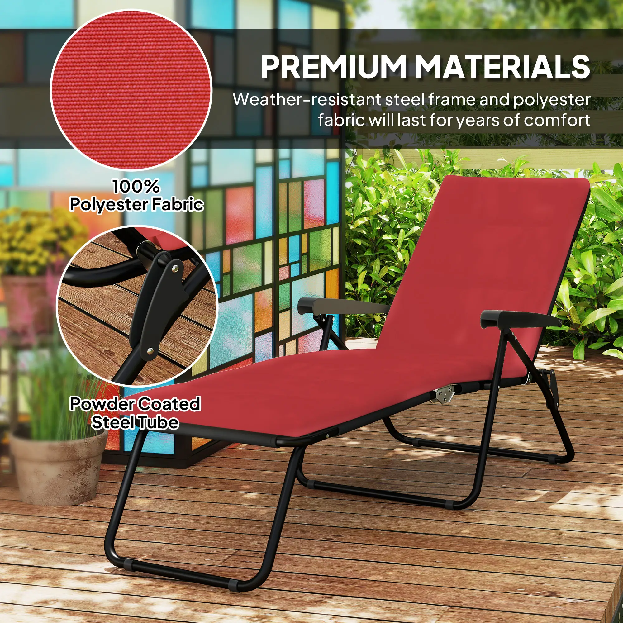 Foldable Reclining Patio Lounge Chair, 6-Position Adjustable, Wine Red - Image 7