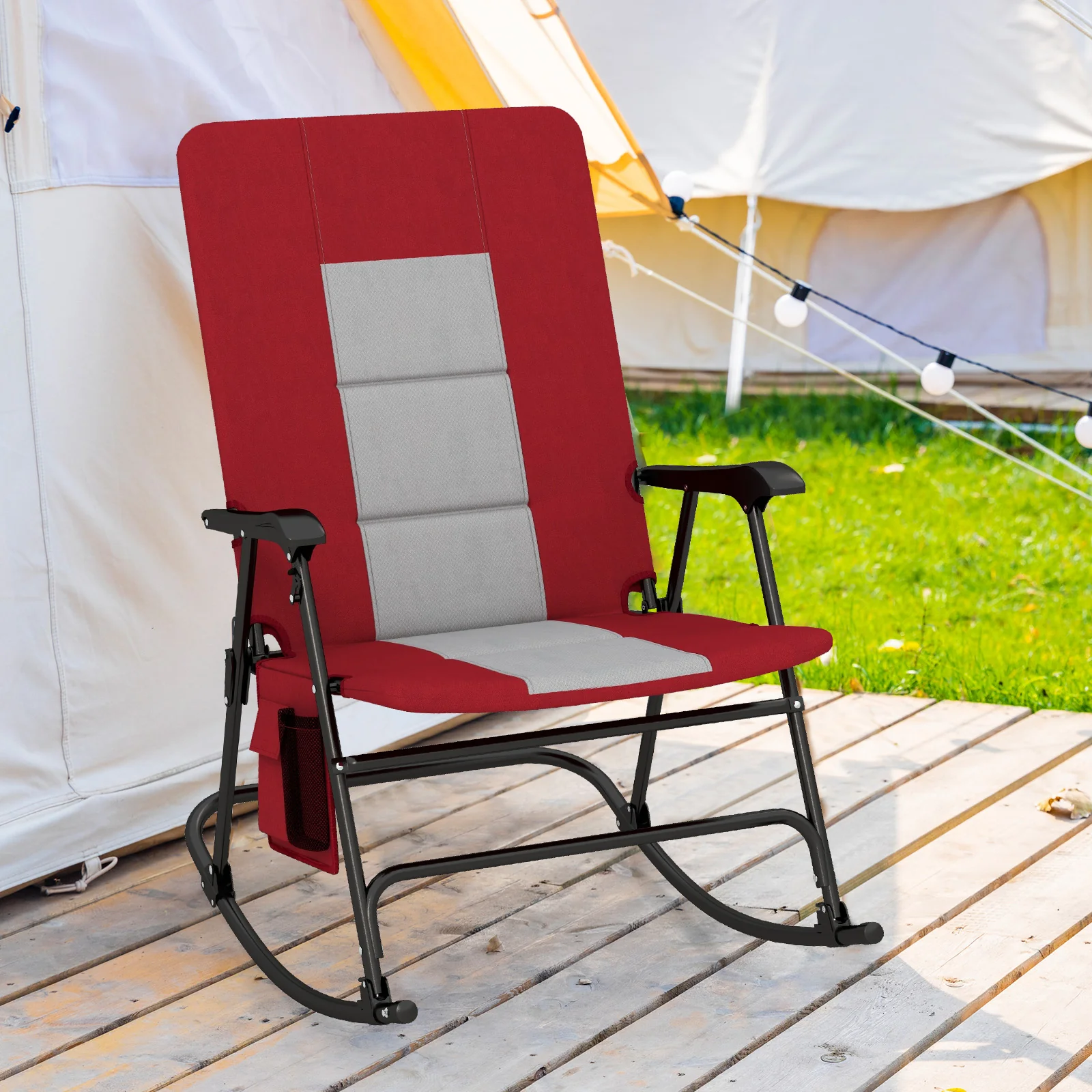 Foldable Rocking Padded Camping Chair With Backrest, Armrest, Red - Image 2