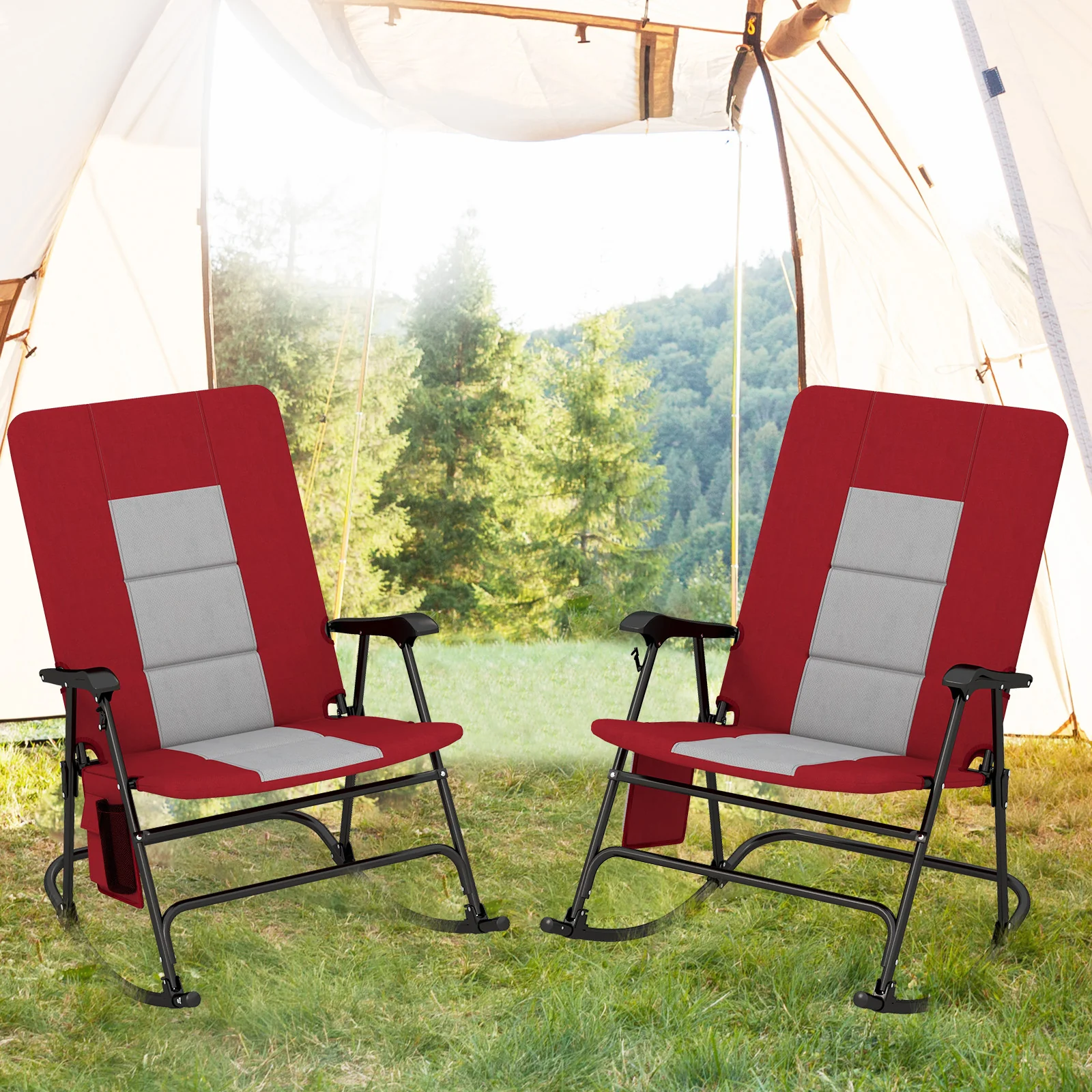 Foldable Rocking Padded Camping Chair With Backrest, Armrest, Red - Image 3