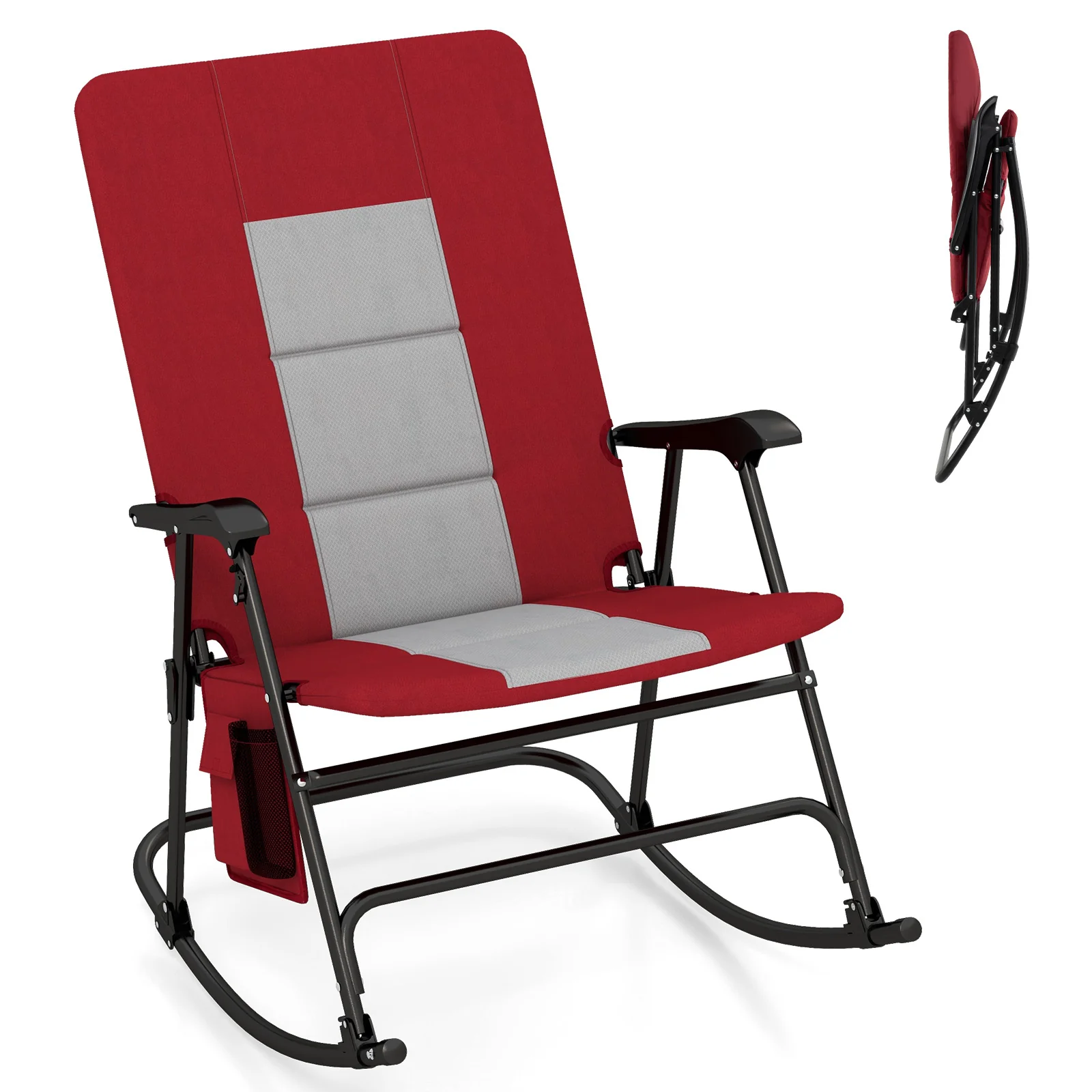 Foldable Rocking Padded Camping Chair With Backrest, Armrest, Red - Image 4