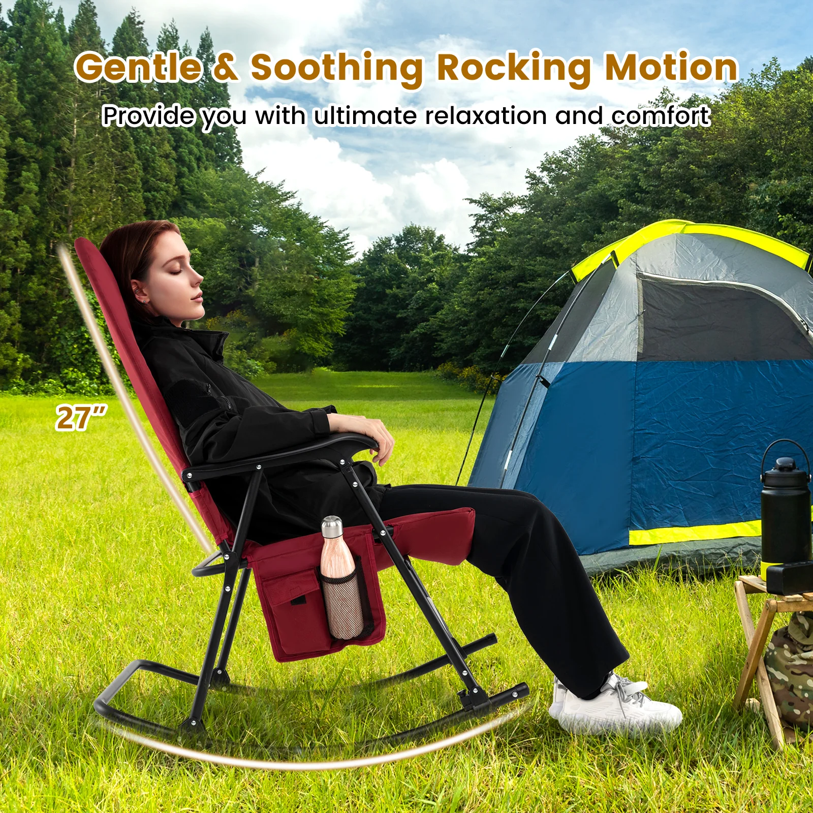 Foldable Rocking Padded Camping Chair With Backrest, Armrest, Red - Image 7