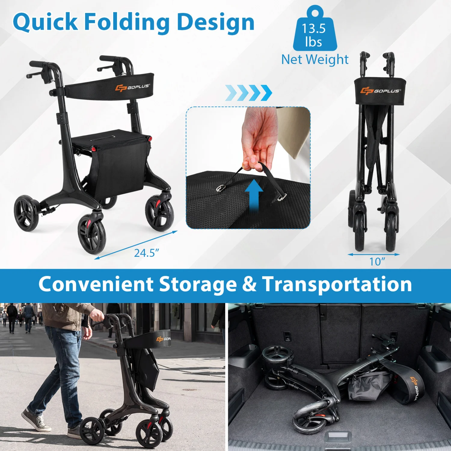 Foldable Rollator Rolling Walker with Seat for Seniors, Black - Image 10