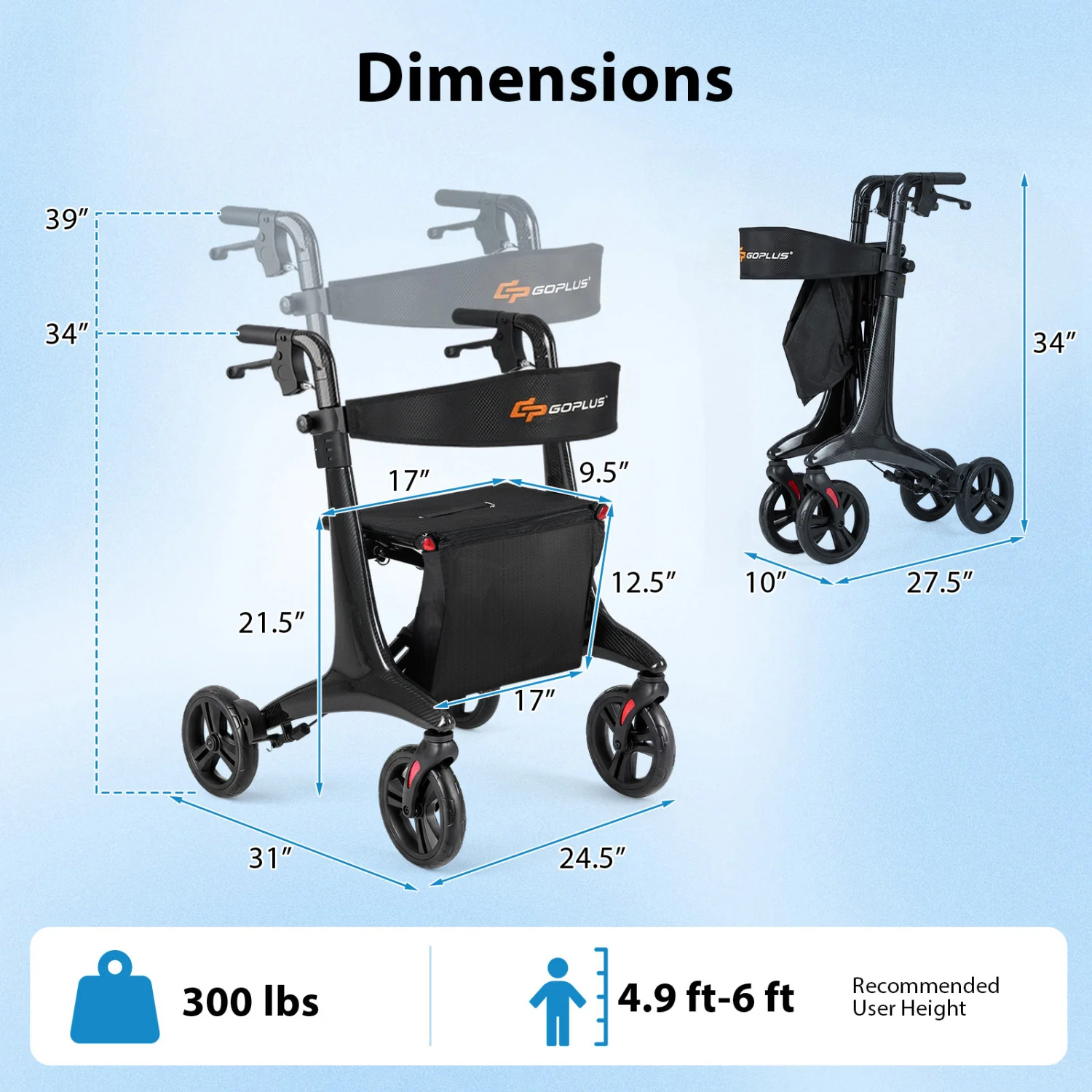 Foldable Rollator Rolling Walker with Seat for Seniors, Black - Image 5