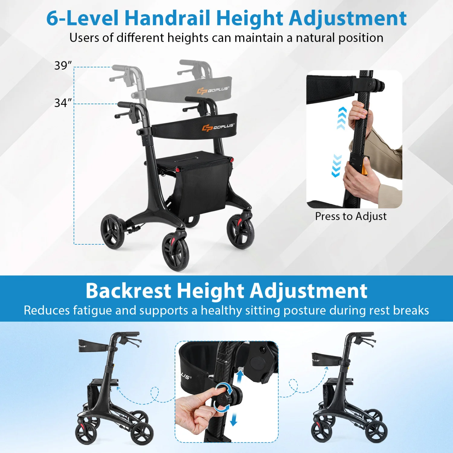 Foldable Rollator Rolling Walker with Seat for Seniors, Black - Image 6