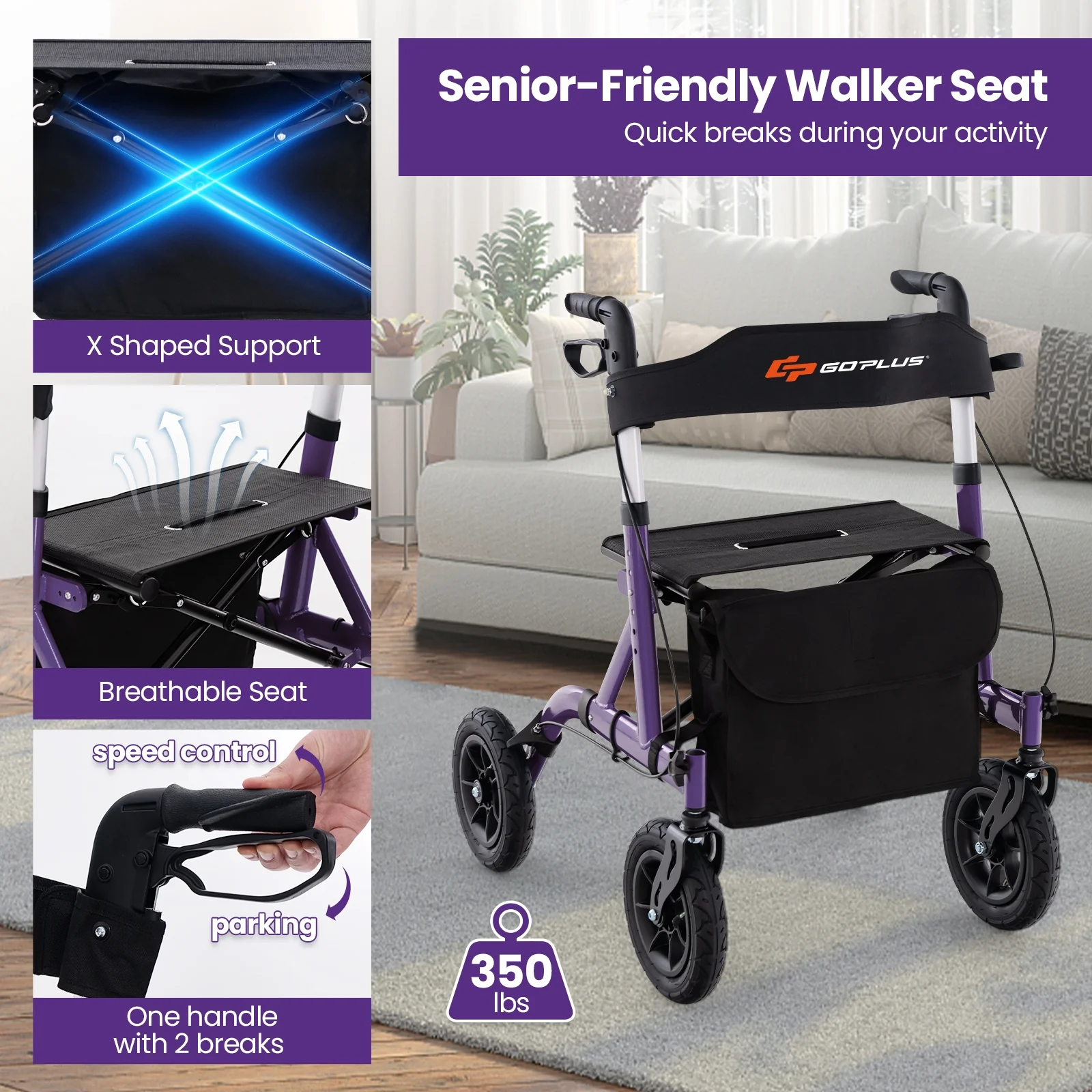 Foldable Rollator Walker, Height Adjustable With Seat, Purple - Image 10