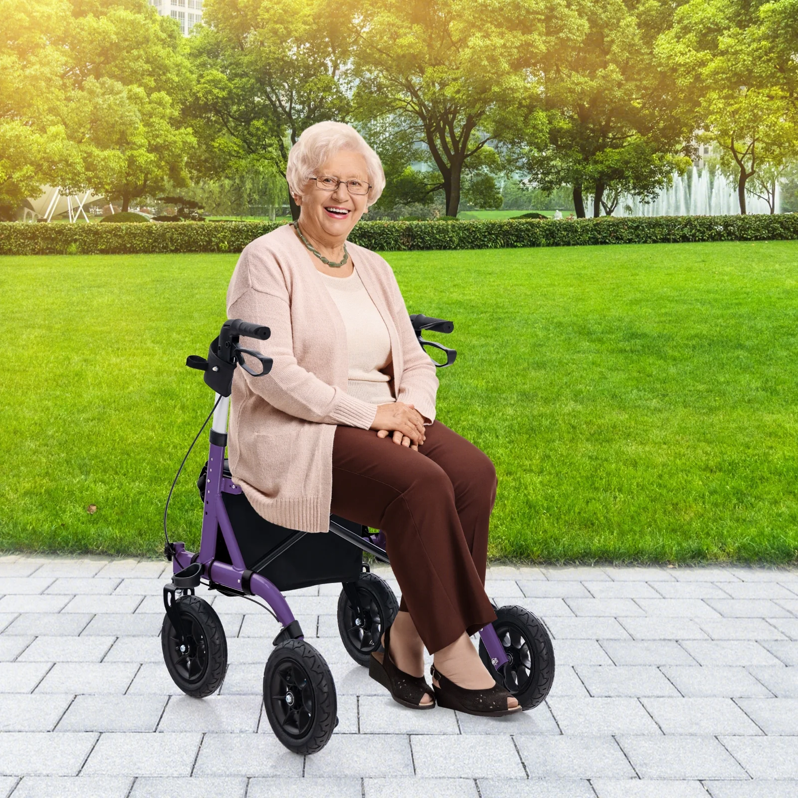 Foldable Rollator Walker, Height Adjustable With Seat, Purple - Image 3