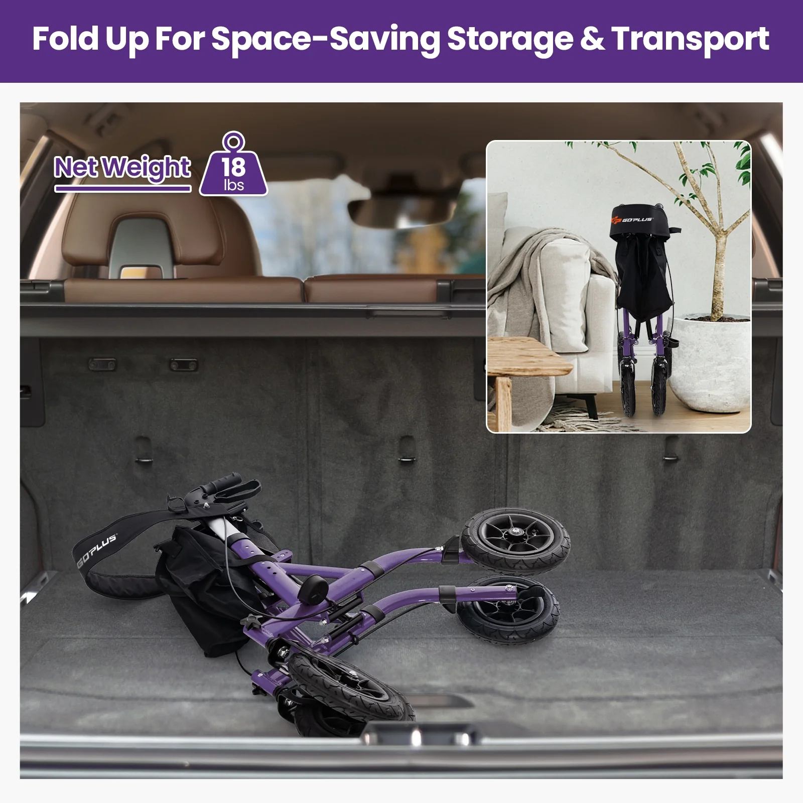 Foldable Rollator Walker, Height Adjustable With Seat, Purple - Image 8