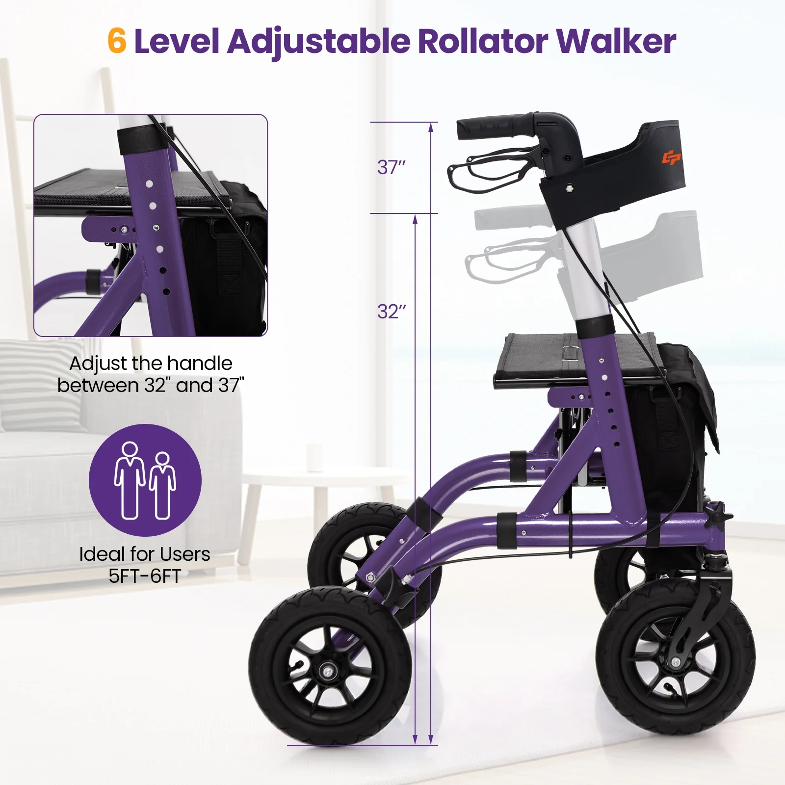 Foldable Rollator Walker, Height Adjustable With Seat, Purple - Image 9