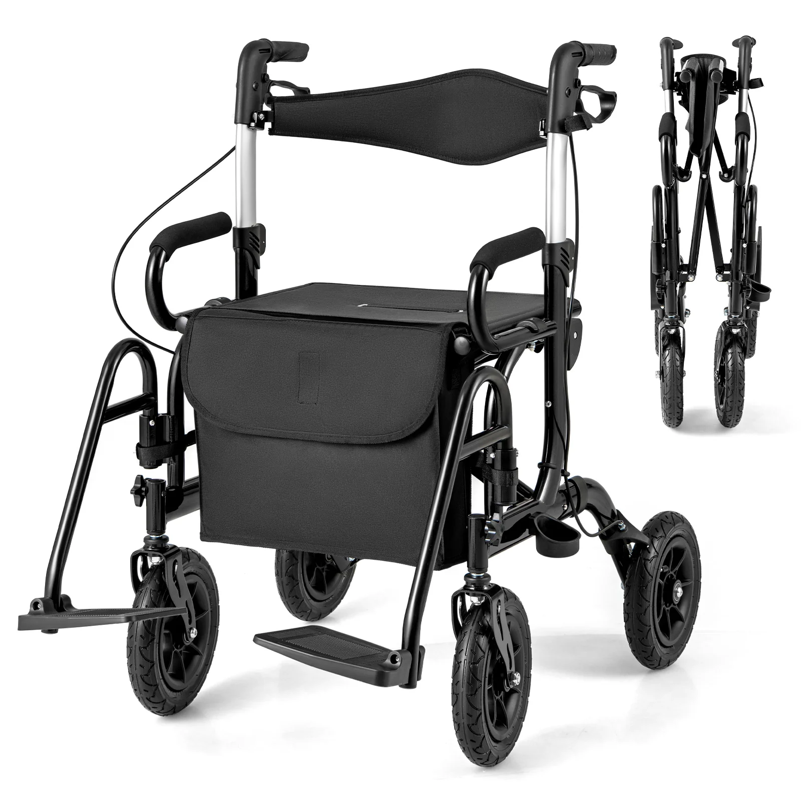 Foldable Rollator Walker With Seat, 9 Inch Pneumatic Tires, Black - Image 4