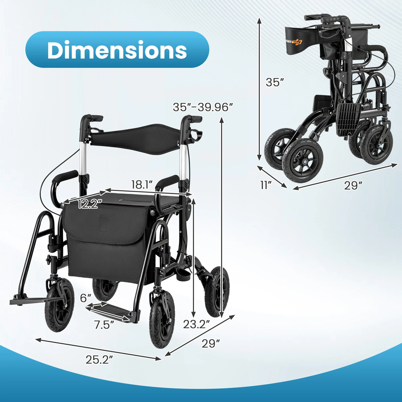 Foldable Rollator Walker With Seat, 9 Inch Pneumatic Tires, Black - Image 5