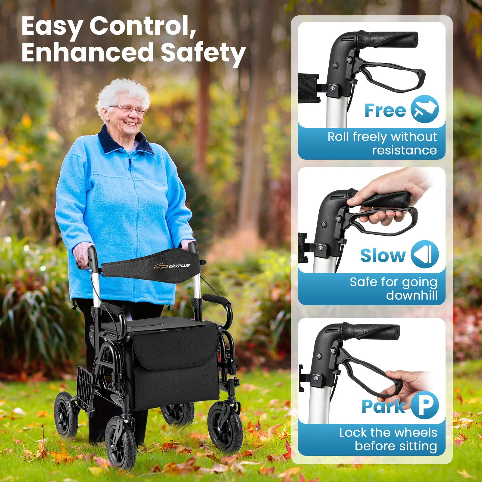 Foldable Rollator Walker With Seat, 9 Inch Pneumatic Tires, Black - Image 6