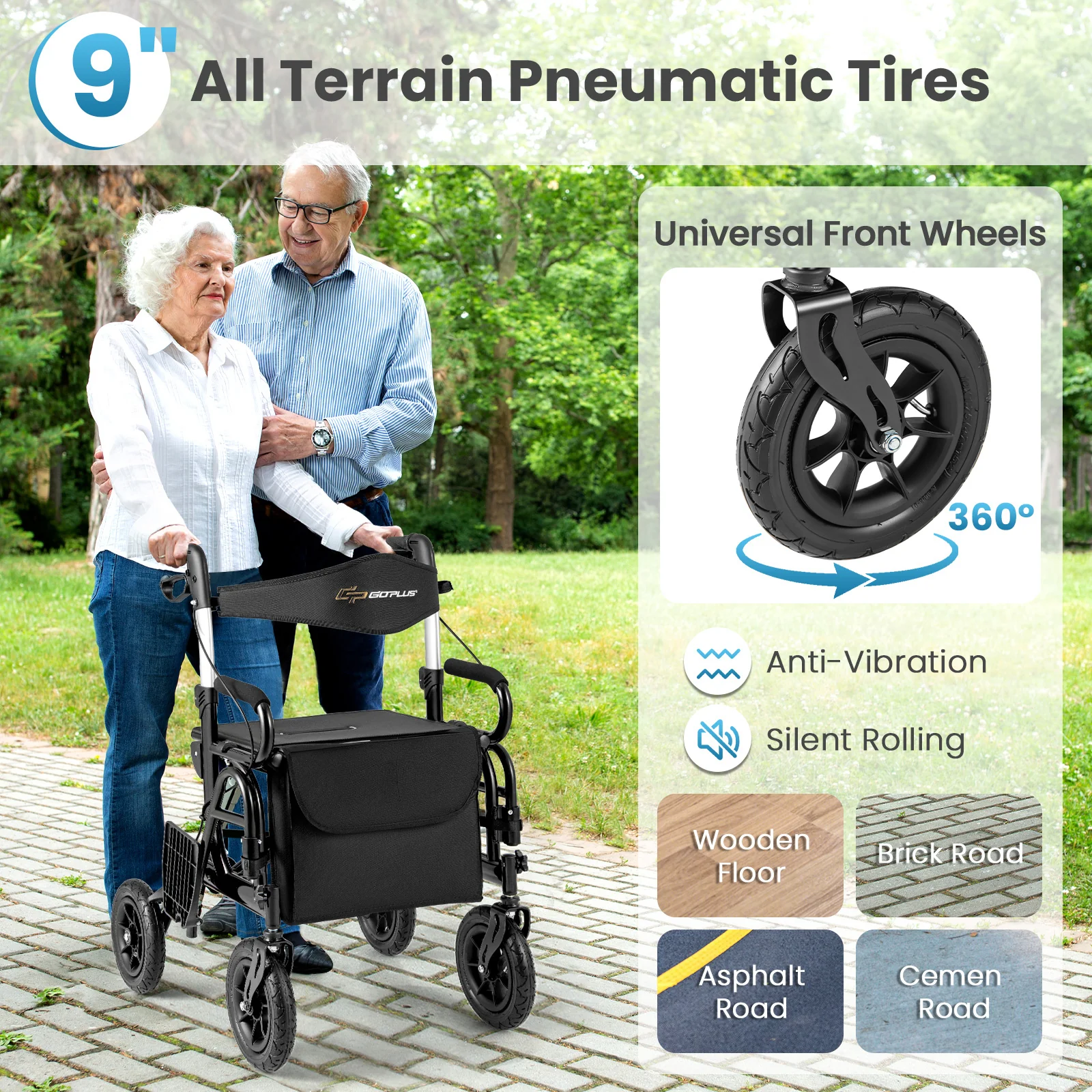 Foldable Rollator Walker With Seat, 9 Inch Pneumatic Tires, Black - Image 7