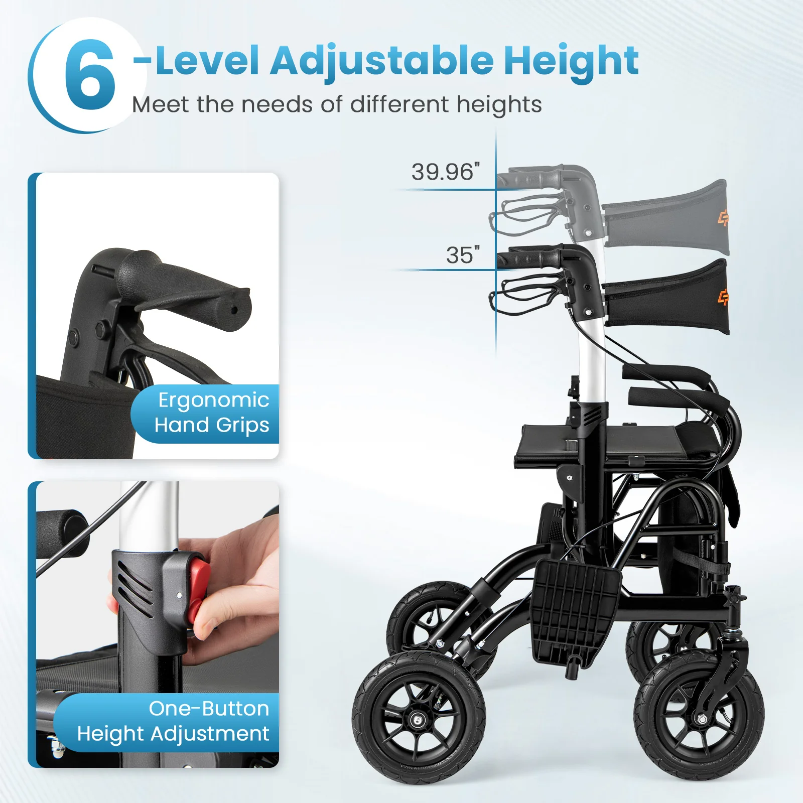Foldable Rollator Walker With Seat, 9 Inch Pneumatic Tires, Black - Image 8