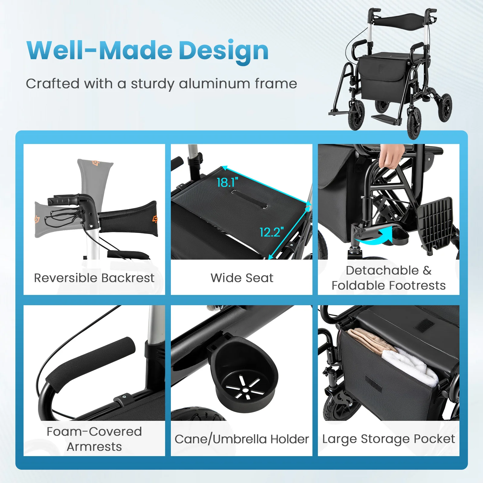 Foldable Rollator Walker With Seat, 9 Inch Pneumatic Tires, Black - Image 9