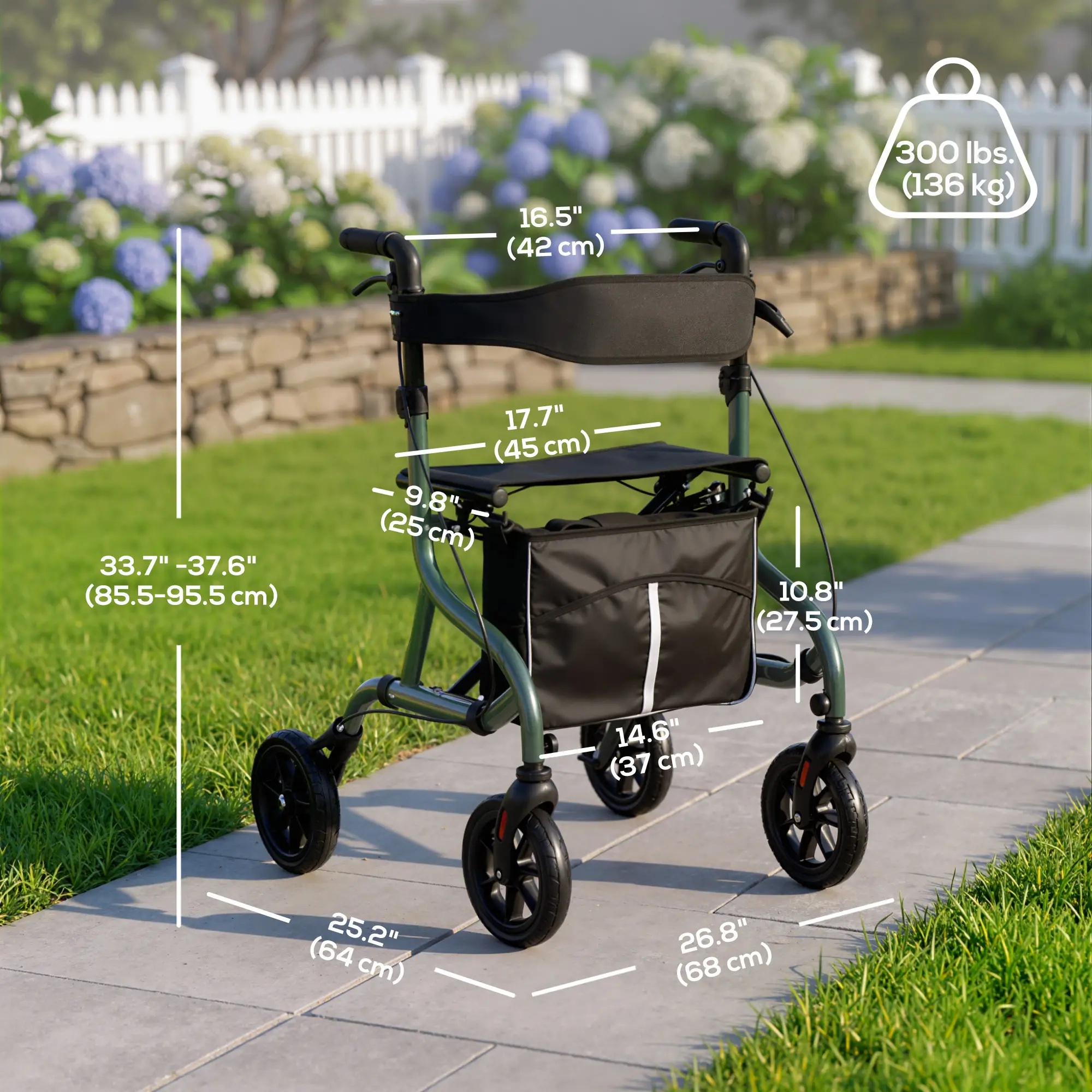 Foldable Rollator Walker With Seat, Adjustable Handles, Green - Image 3