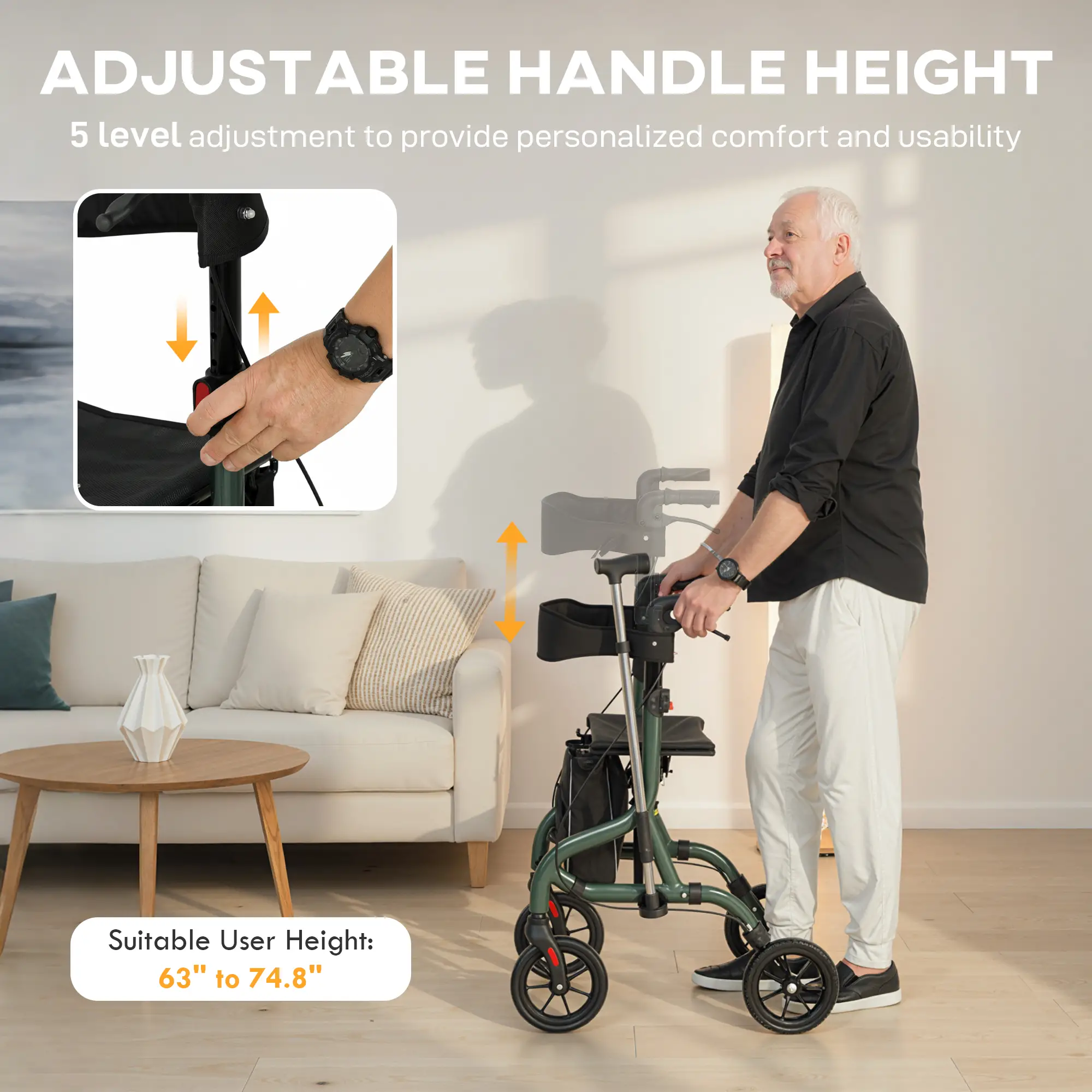 Foldable Rollator Walker With Seat, Adjustable Handles, Green - Image 4