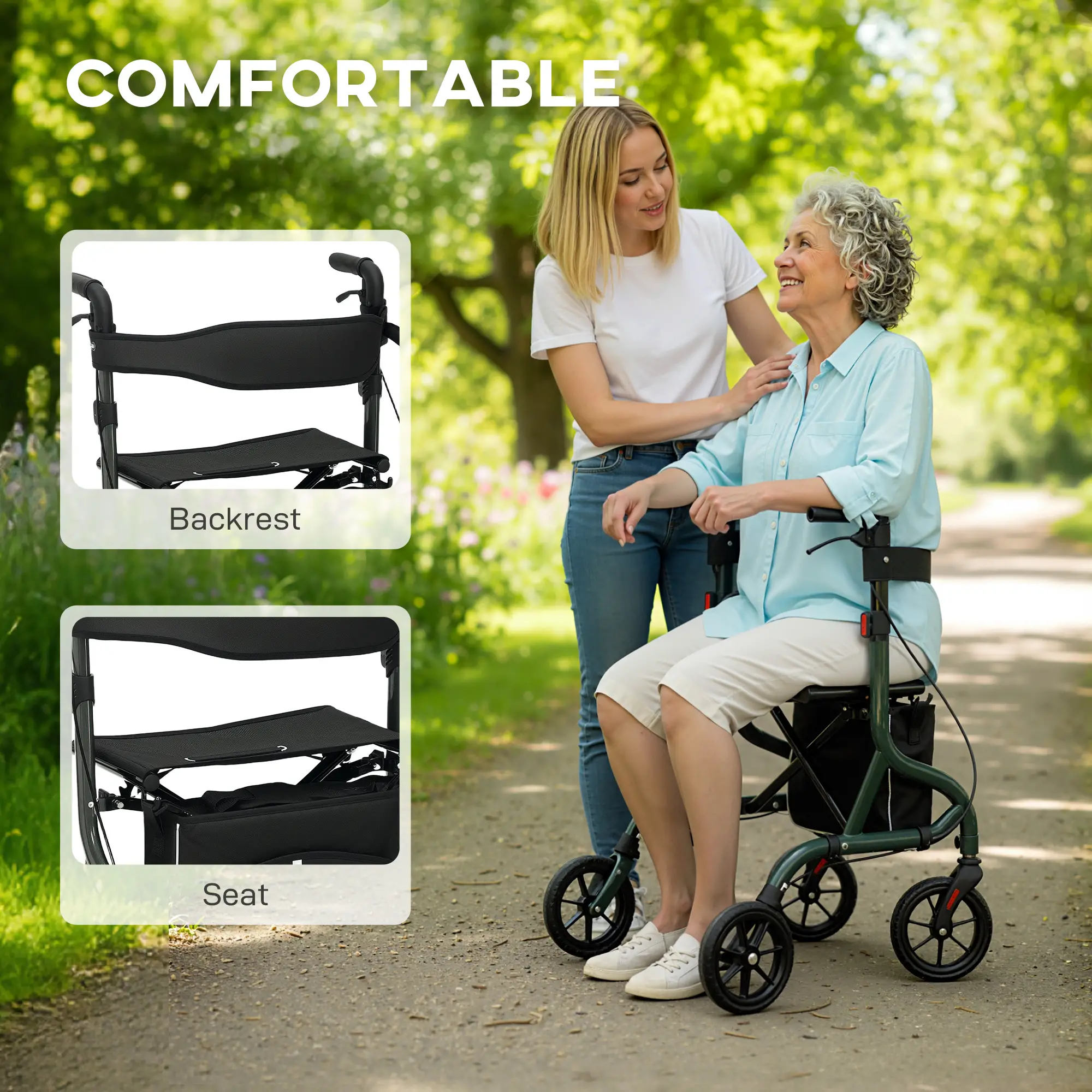 Foldable Rollator Walker With Seat, Adjustable Handles, Green - Image 5