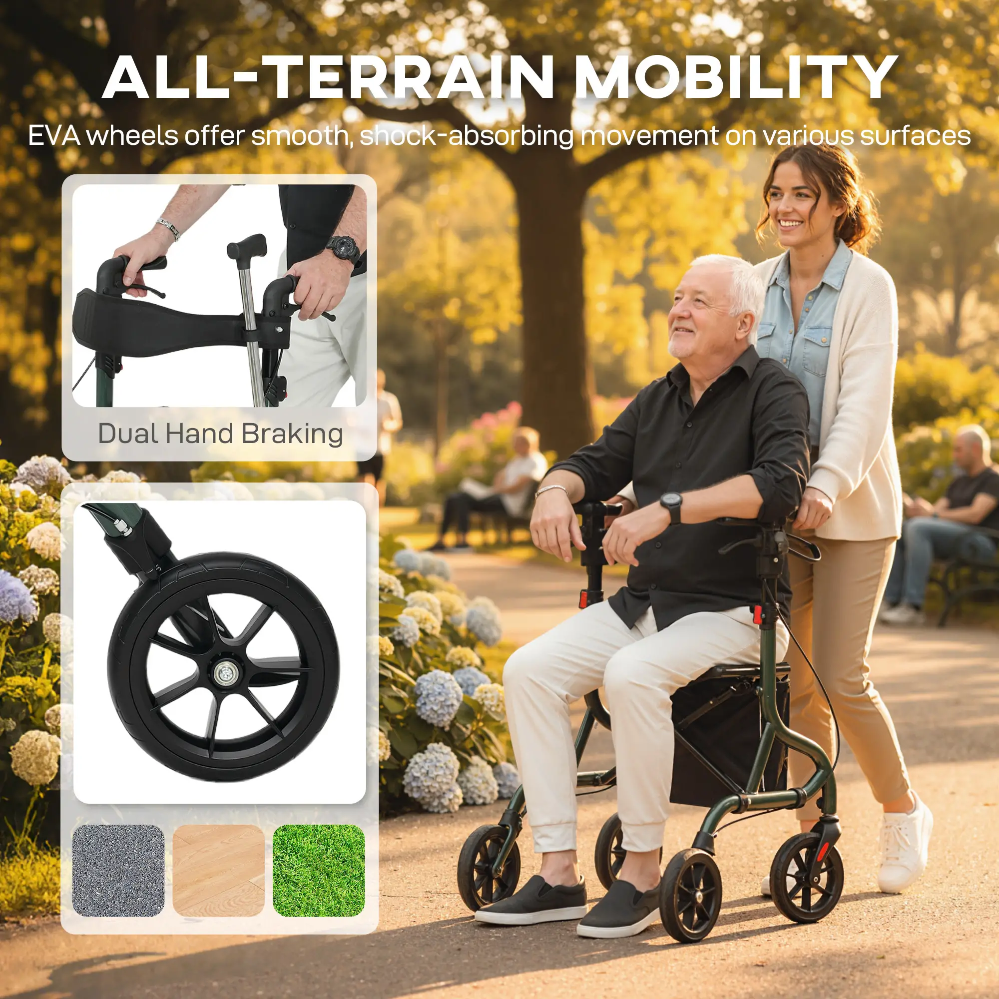 Foldable Rollator Walker With Seat, Adjustable Handles, Green - Image 6
