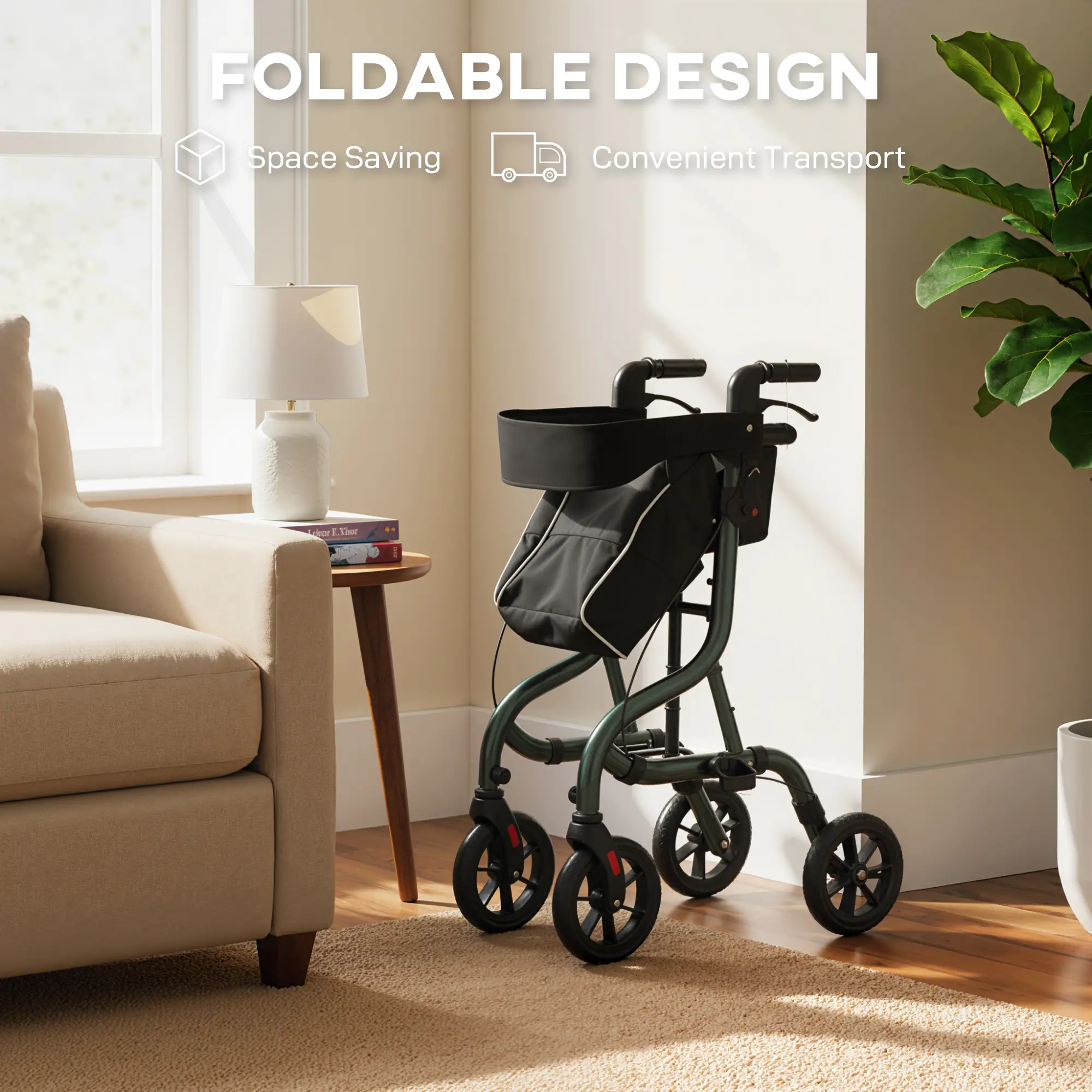 Foldable Rollator Walker With Seat, Adjustable Handles, Green - Image 7