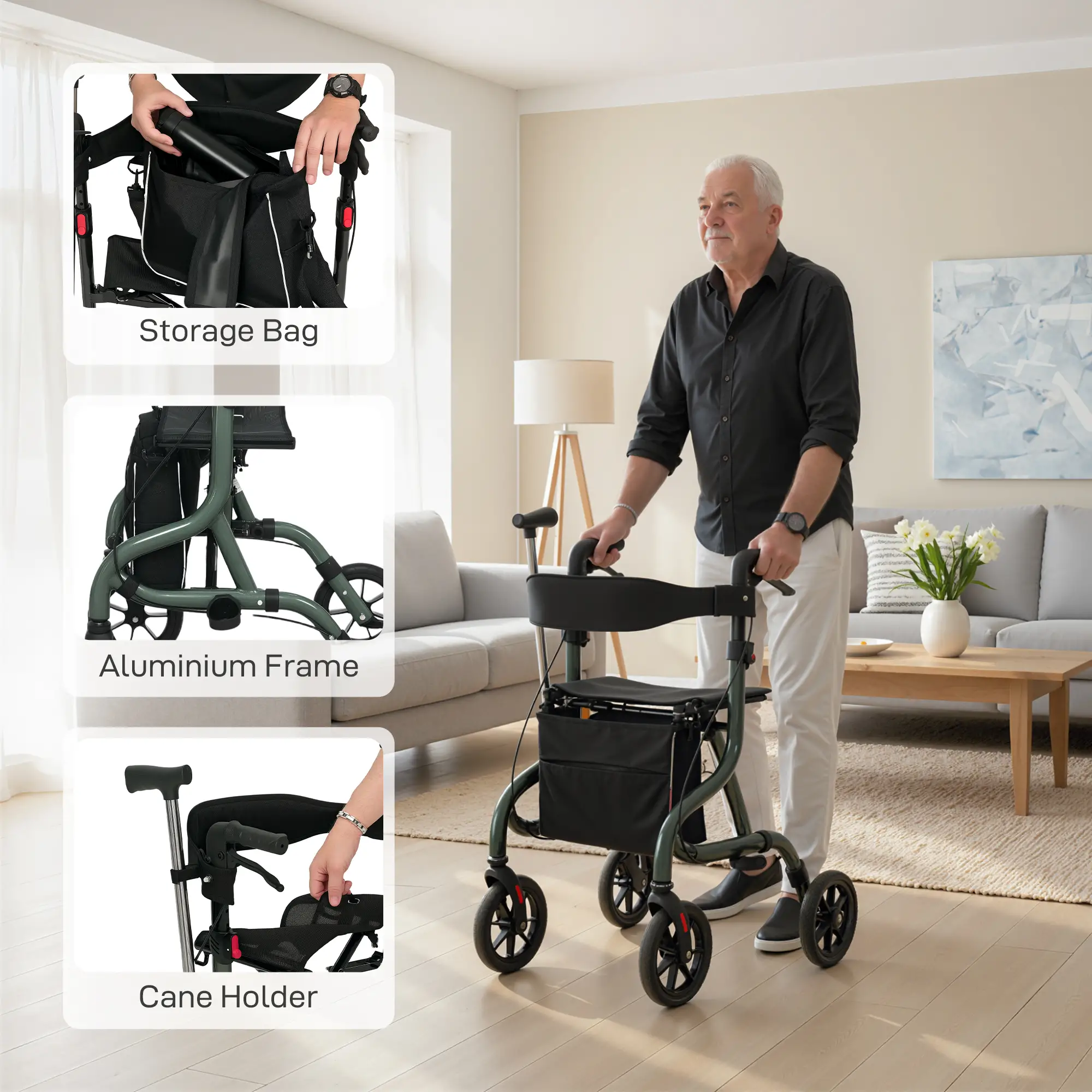 Foldable Rollator Walker With Seat, Adjustable Handles, Green - Image 9