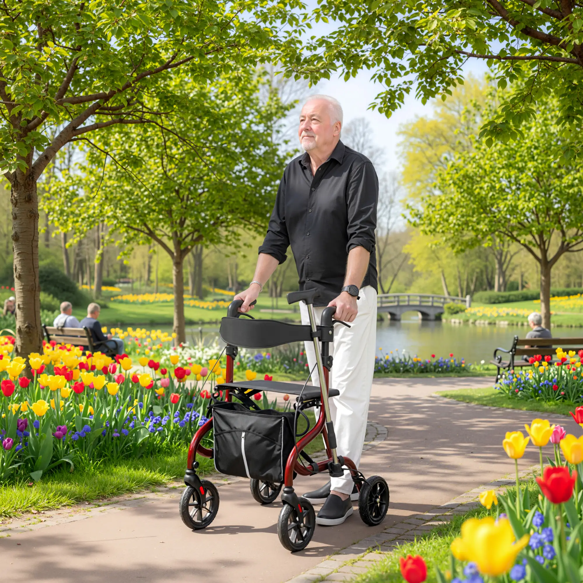 Foldable Rollator Walker With Seat, Adjustable Handles, Red - Image 2