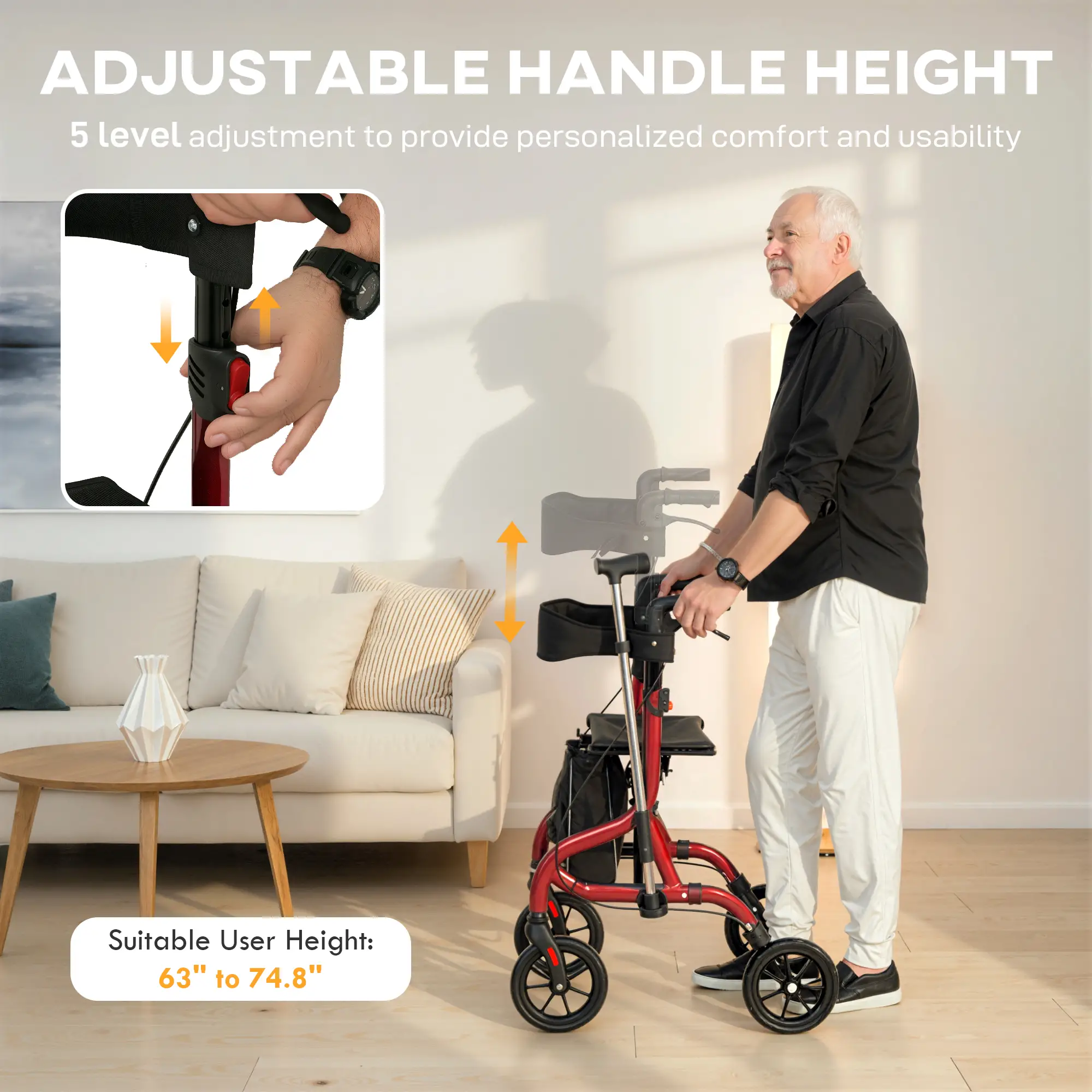 Foldable Rollator Walker With Seat, Adjustable Handles, Red - Image 4