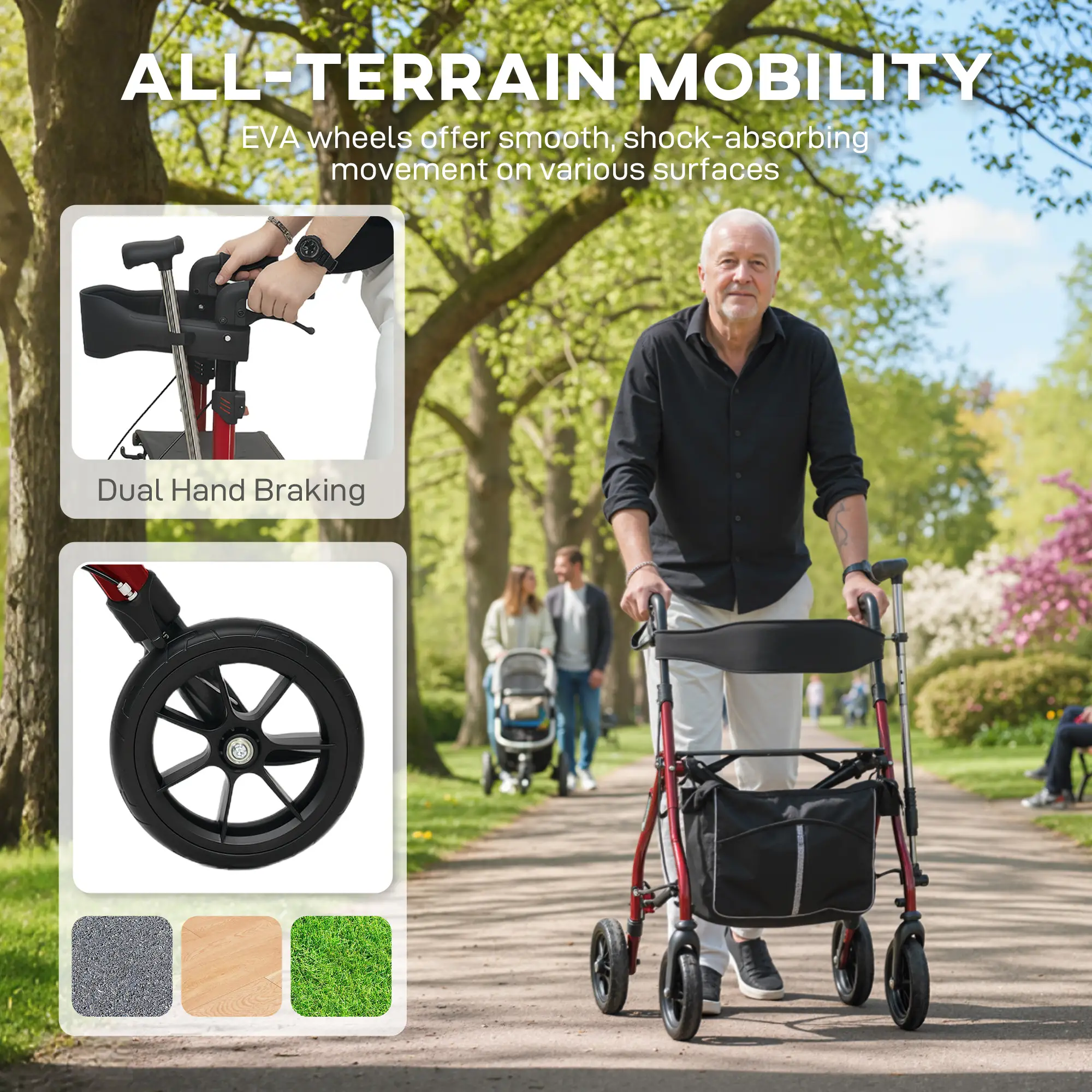 Foldable Rollator Walker With Seat, Adjustable Handles, Red - Image 6