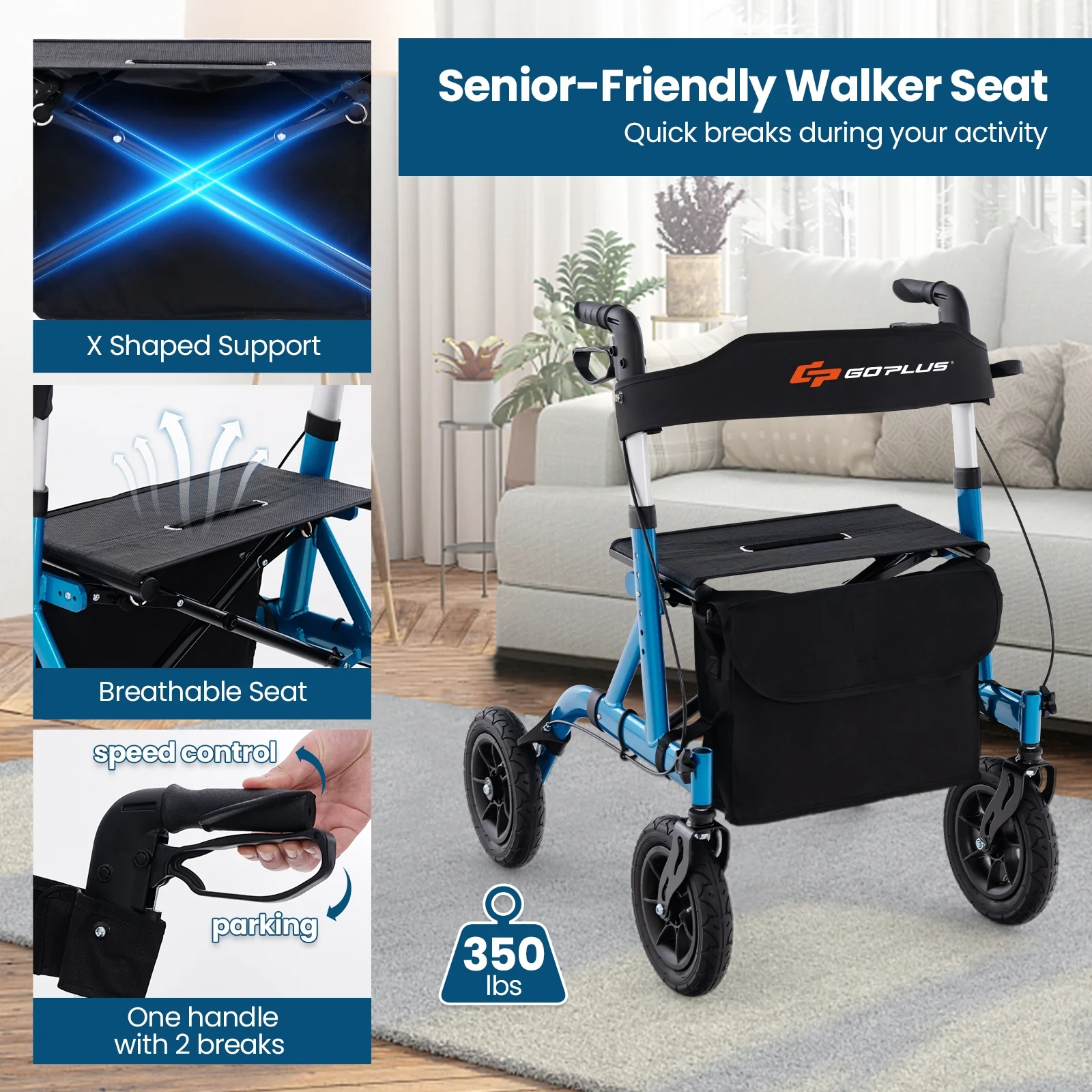 Foldable Rollator Walker With Seat, Height Adjustable, Blue - Image 10