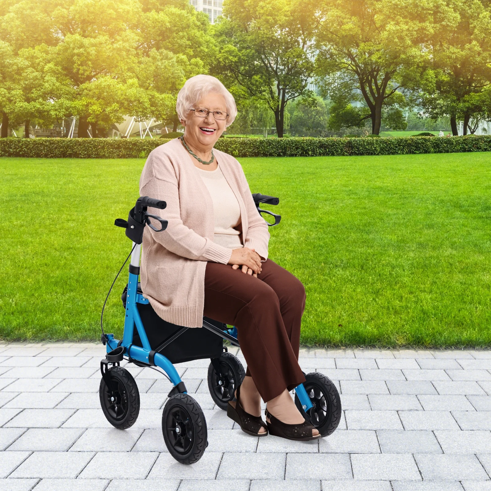 Foldable Rollator Walker With Seat, Height Adjustable, Blue - Image 3