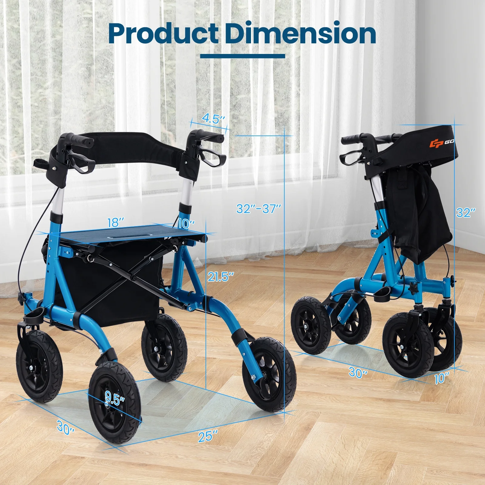 Foldable Rollator Walker With Seat, Height Adjustable, Blue - Image 6