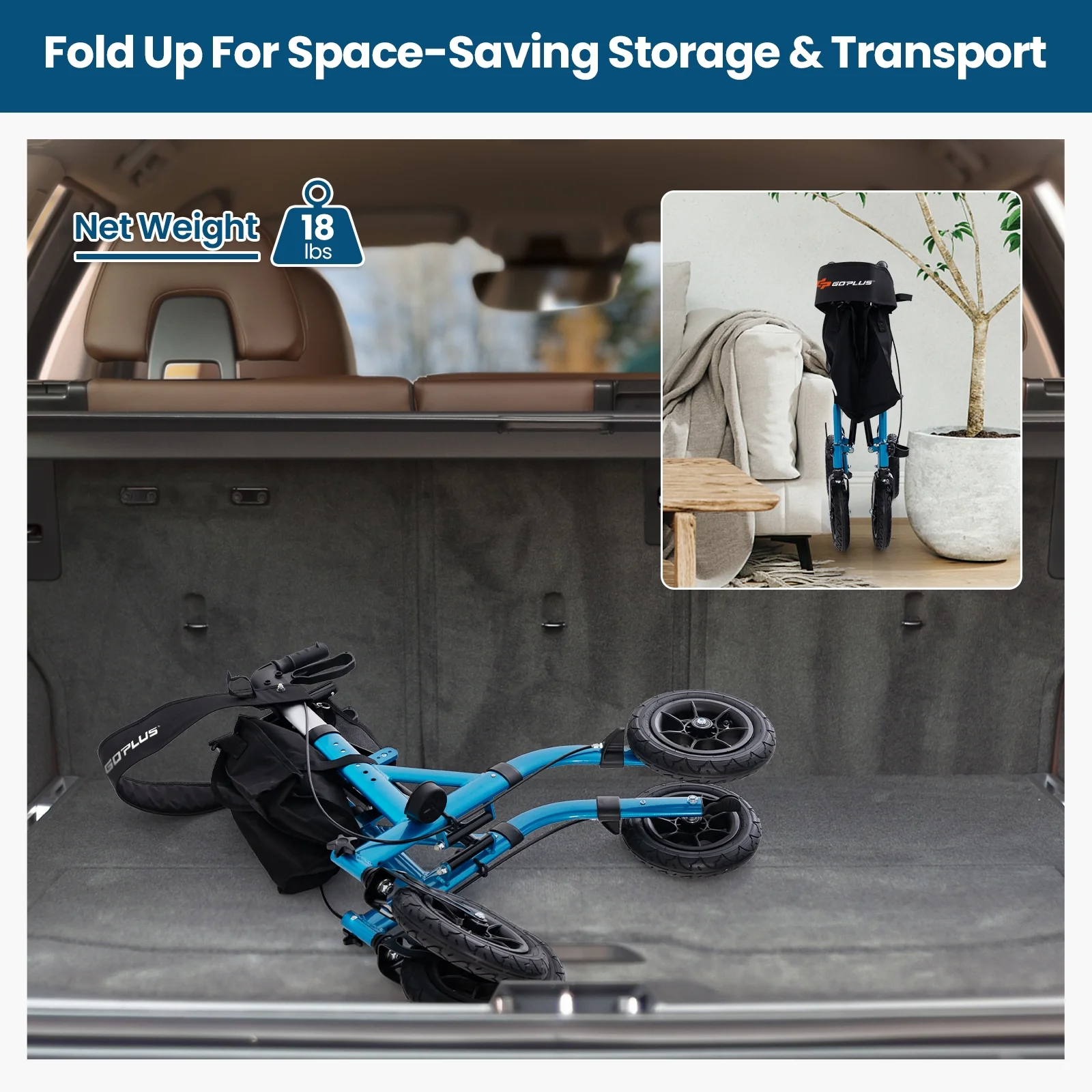 Foldable Rollator Walker With Seat, Height Adjustable, Blue - Image 8