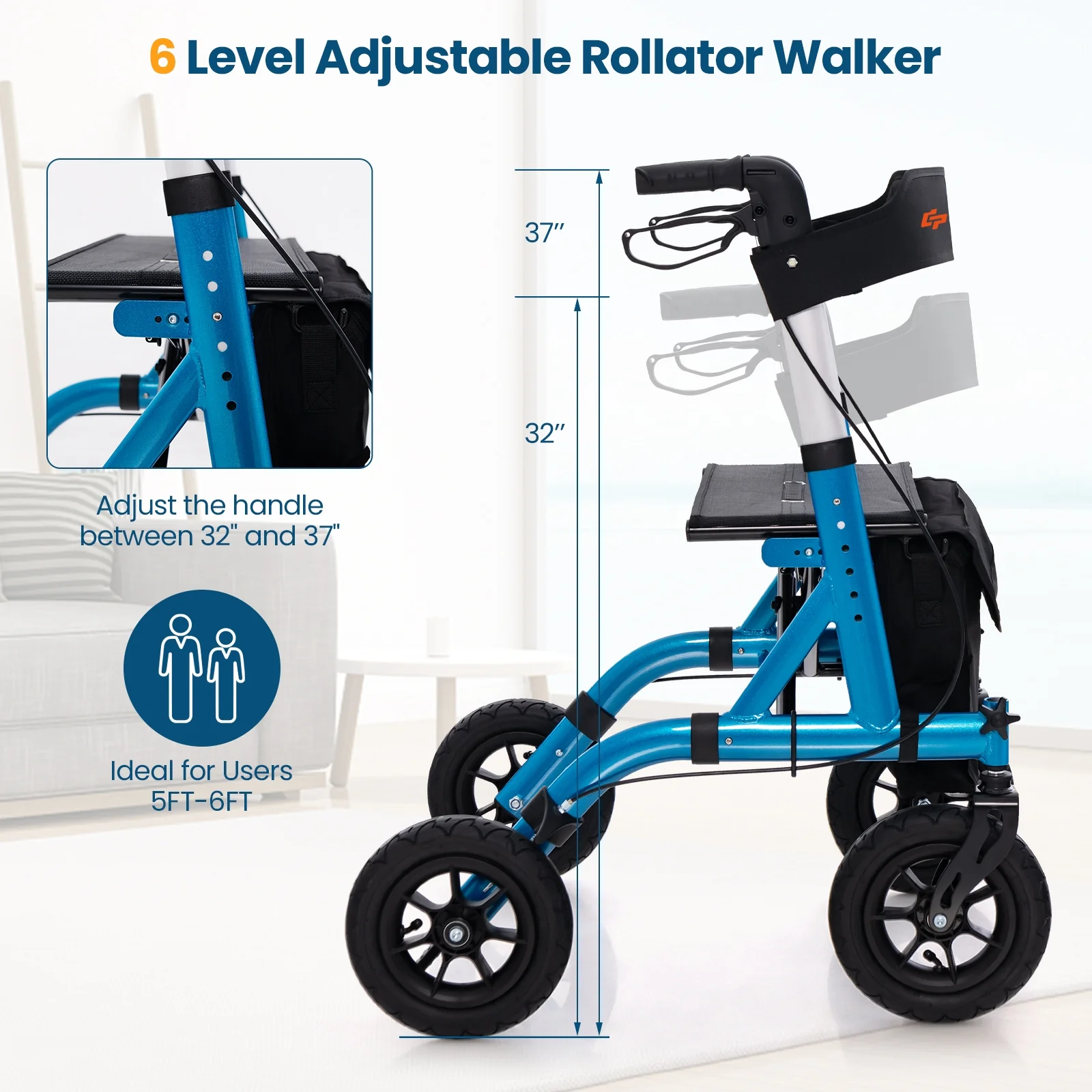 Foldable Rollator Walker With Seat, Height Adjustable, Blue - Image 9