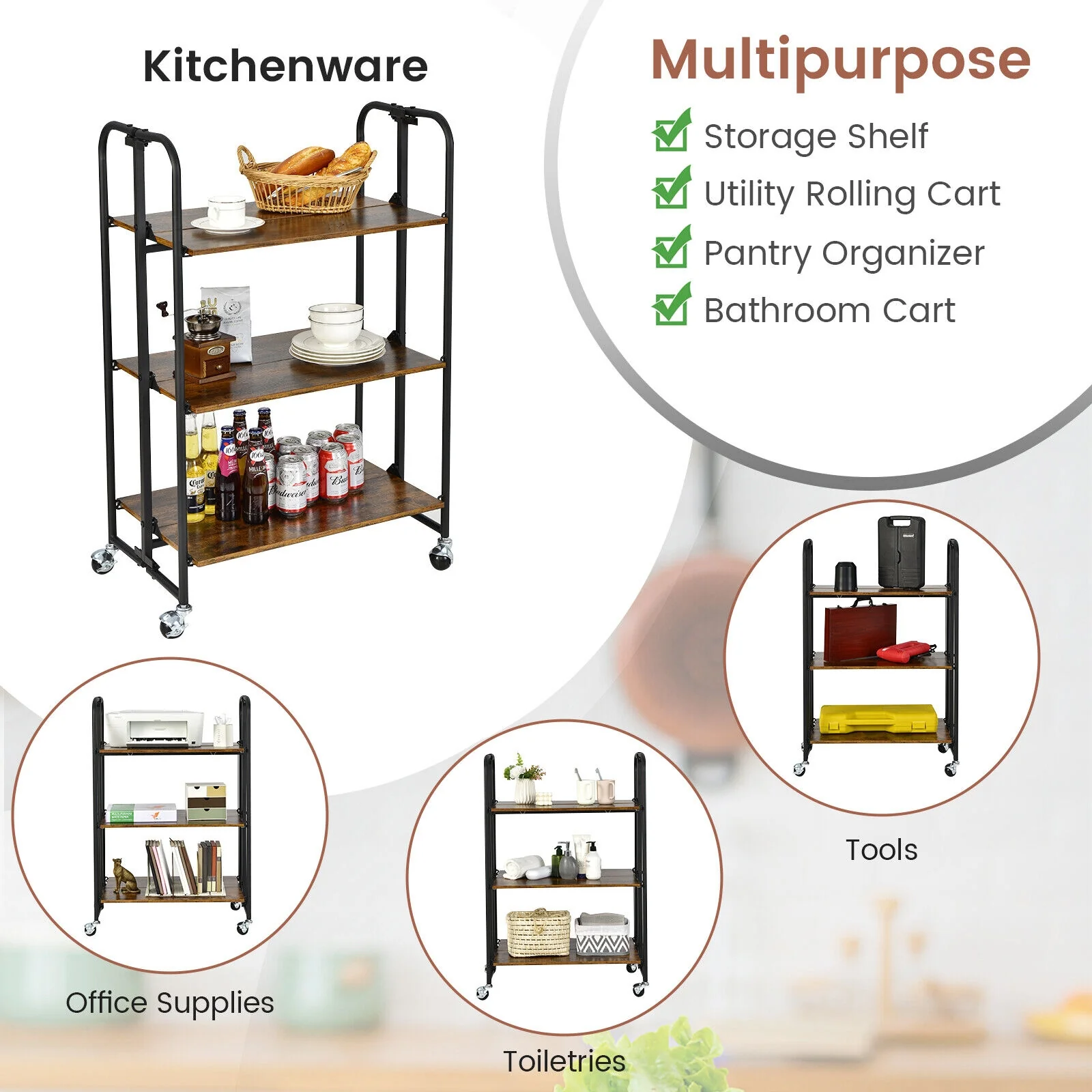 Foldable Rolling Cart, 3-Tier, Storage Shelves, Rustic Brown - Image 10