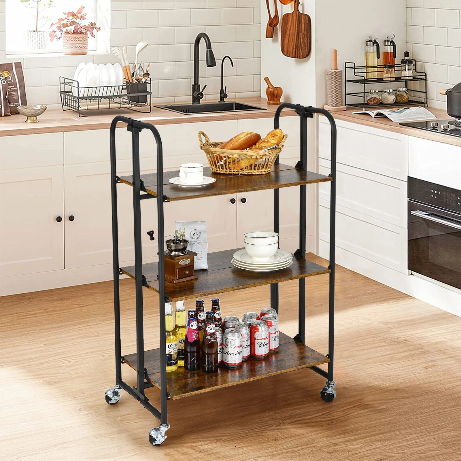Foldable Rolling Cart, 3-Tier, Storage Shelves, Rustic Brown - Image 2