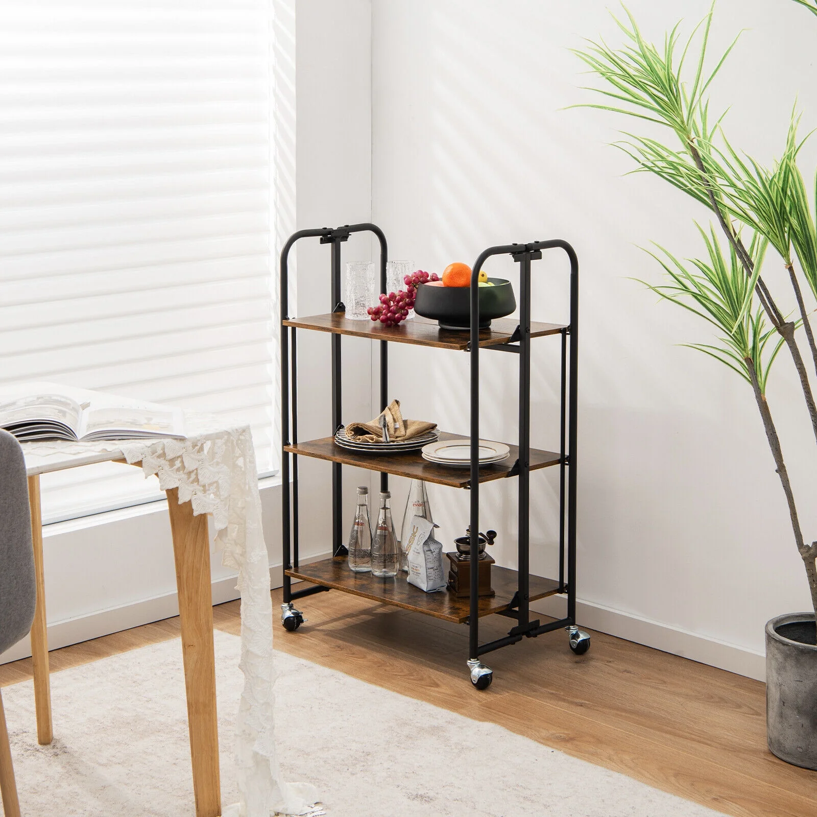 Foldable Rolling Cart, 3-Tier, Storage Shelves, Rustic Brown - Image 3