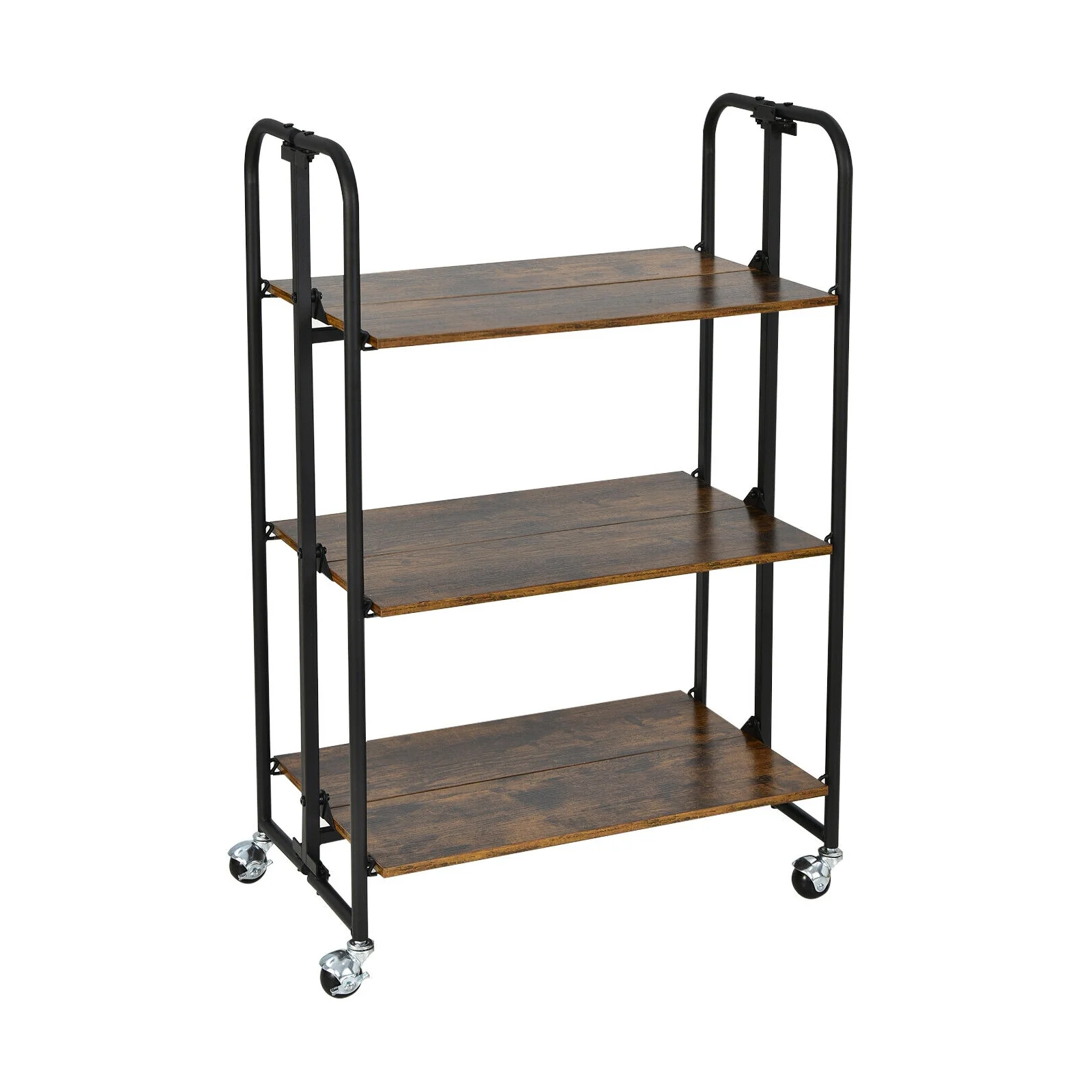 Foldable Rolling Cart, 3-Tier, Storage Shelves, Rustic Brown - Image 4