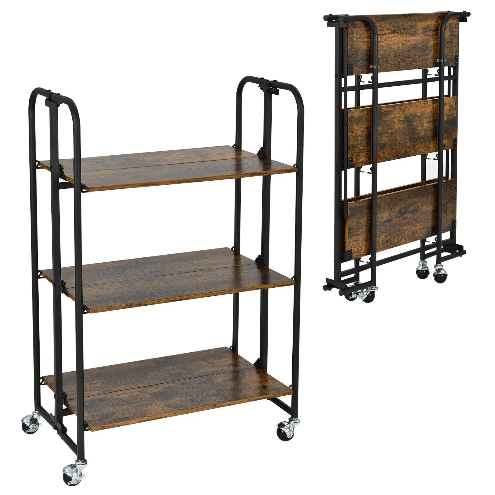 Foldable Rolling Cart, 3-Tier, Storage Shelves, Rustic Brown - Image 5