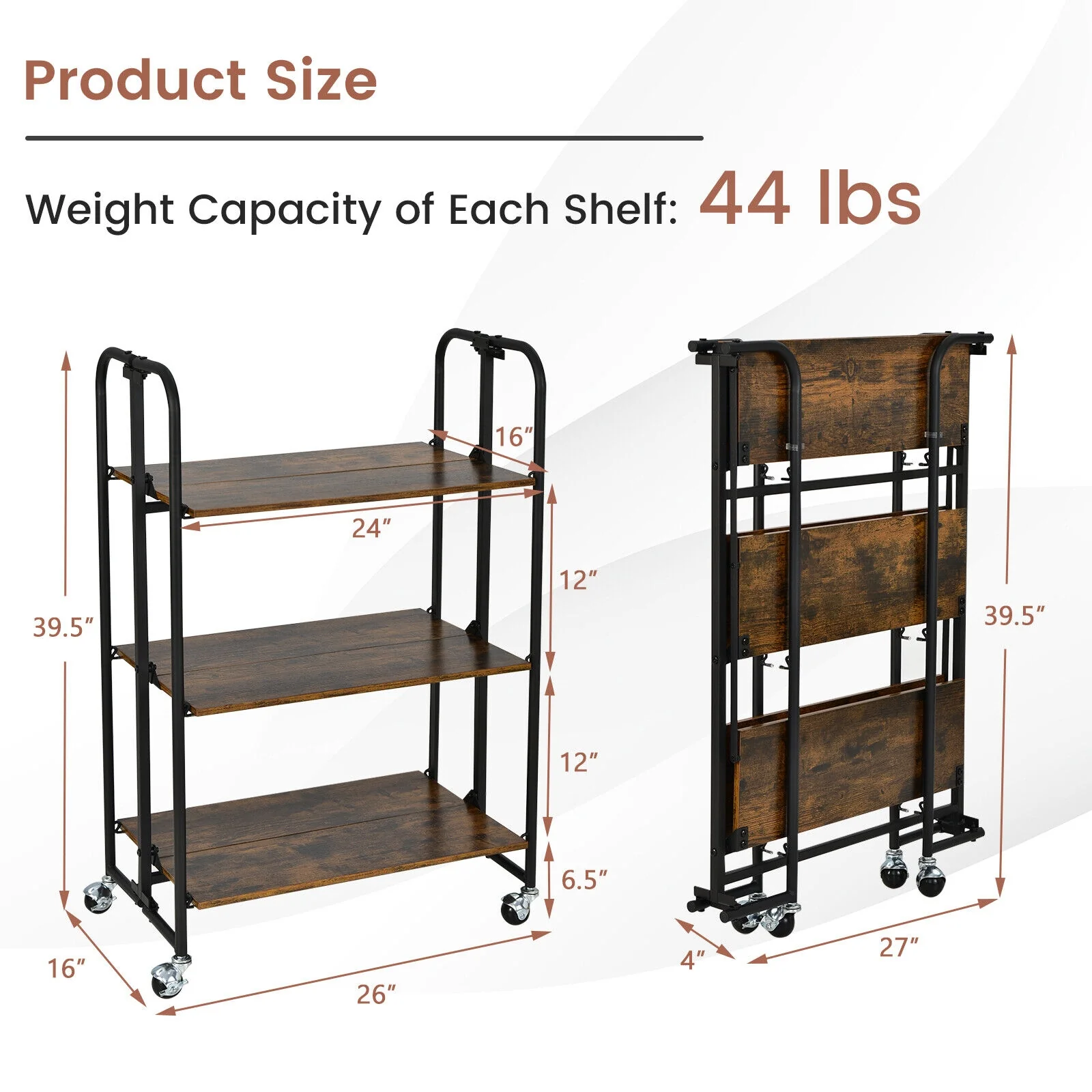 Foldable Rolling Cart, 3-Tier, Storage Shelves, Rustic Brown - Image 6