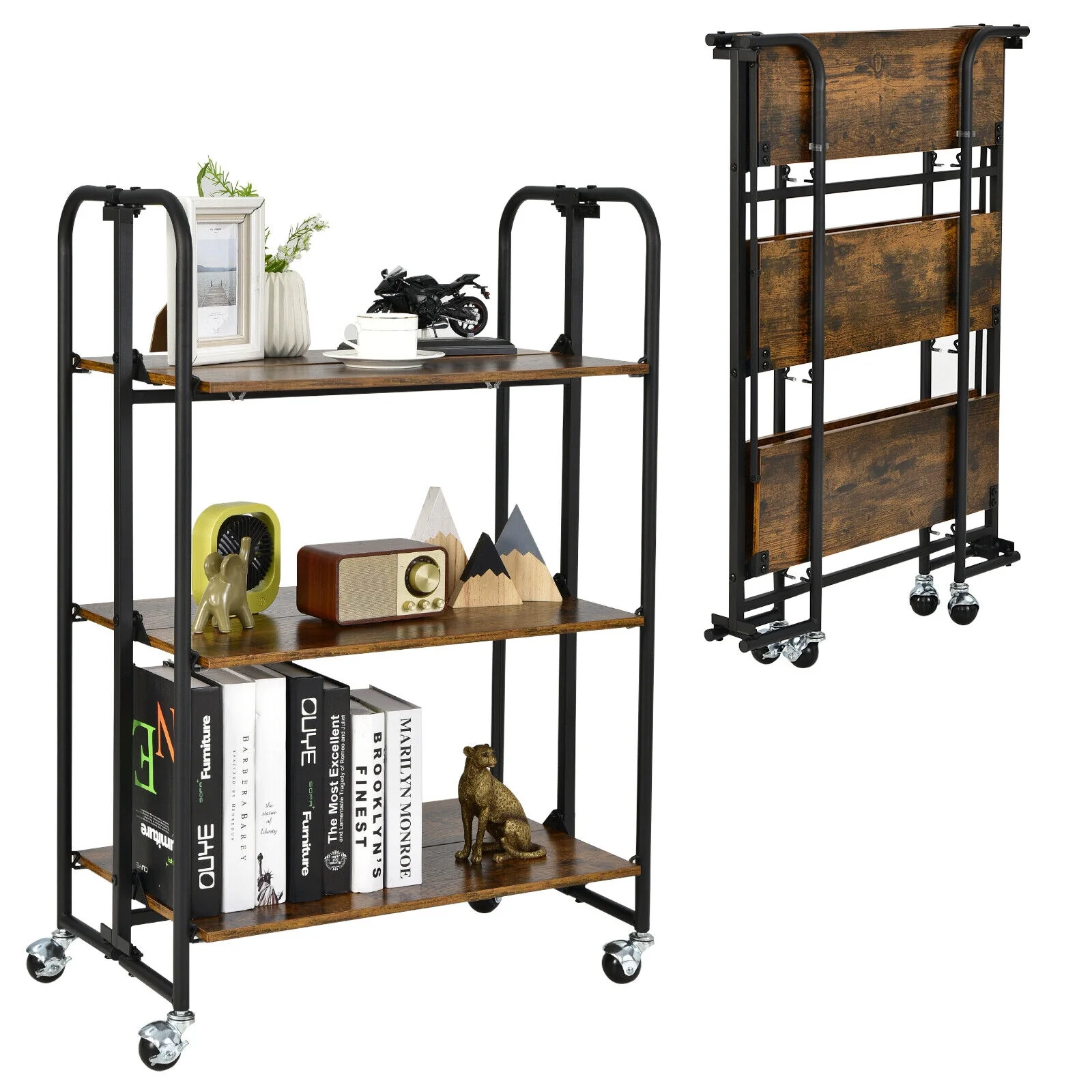 Foldable Rolling Cart, 3-Tier, Storage Shelves, Rustic Brown - Image 8