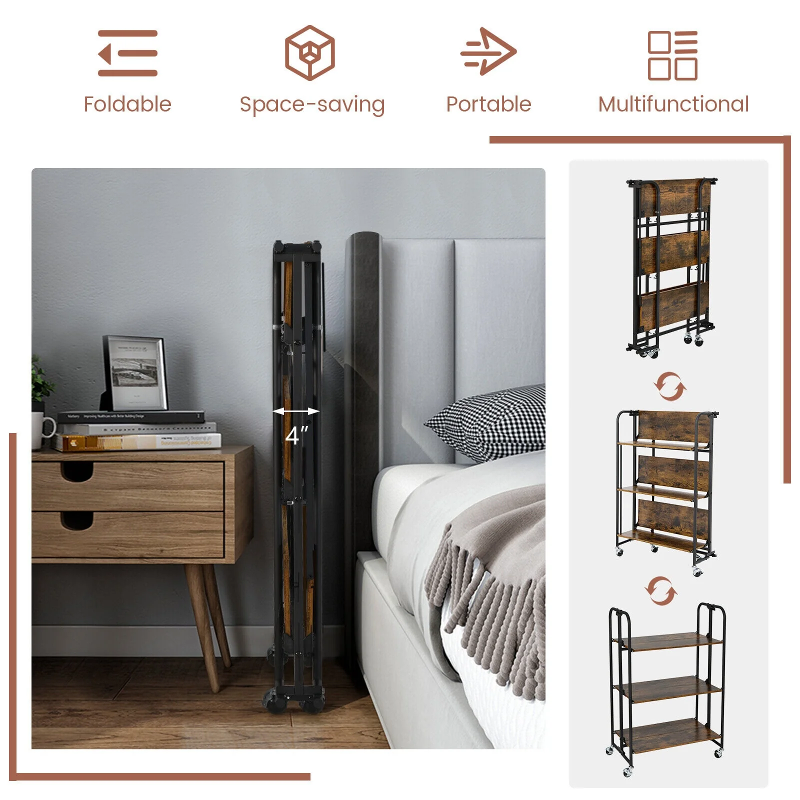 Foldable Rolling Cart, 3-Tier, Storage Shelves, Rustic Brown - Image 9