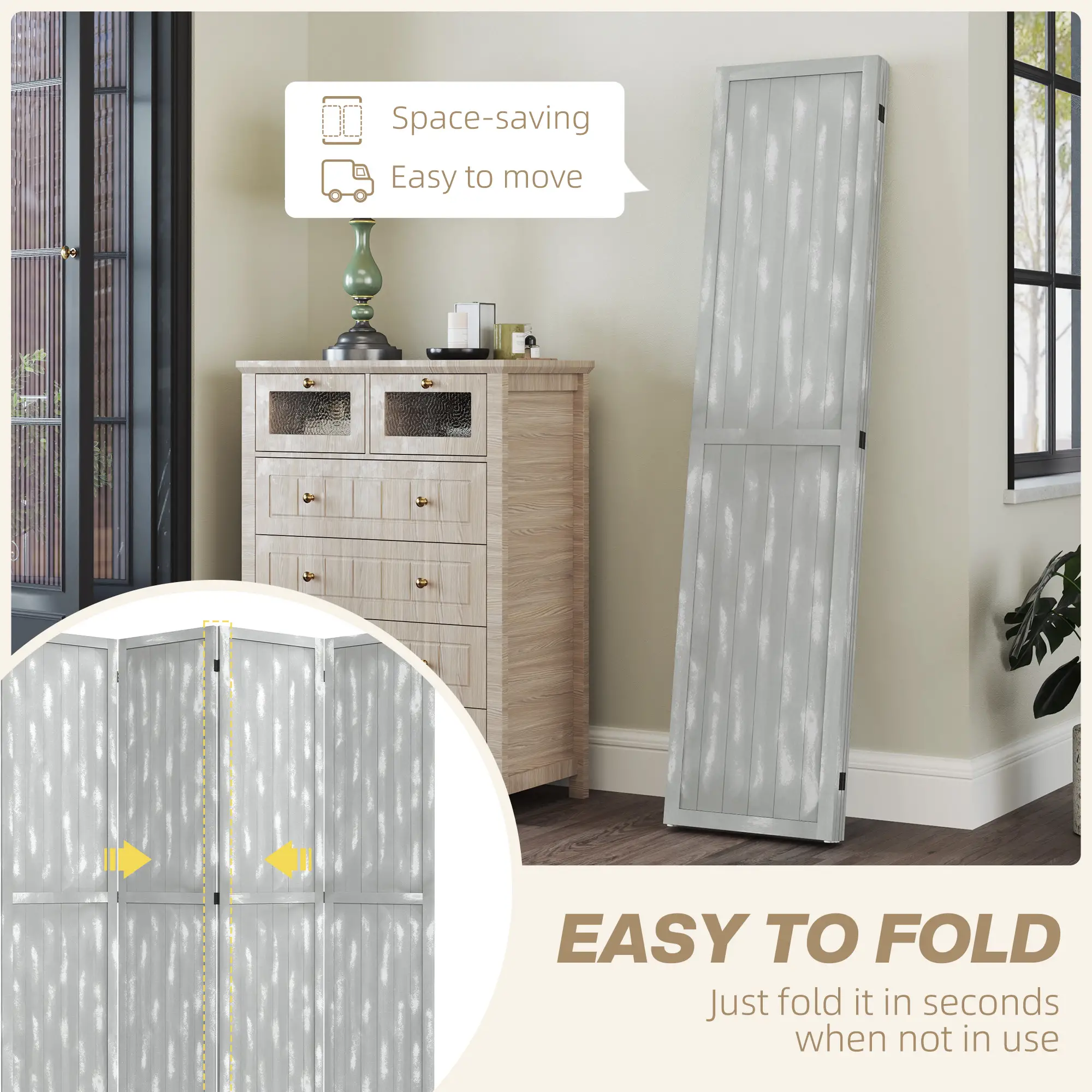 Foldable Screen Divider, 5.5', for Bedroom Office, Grey - Image 4