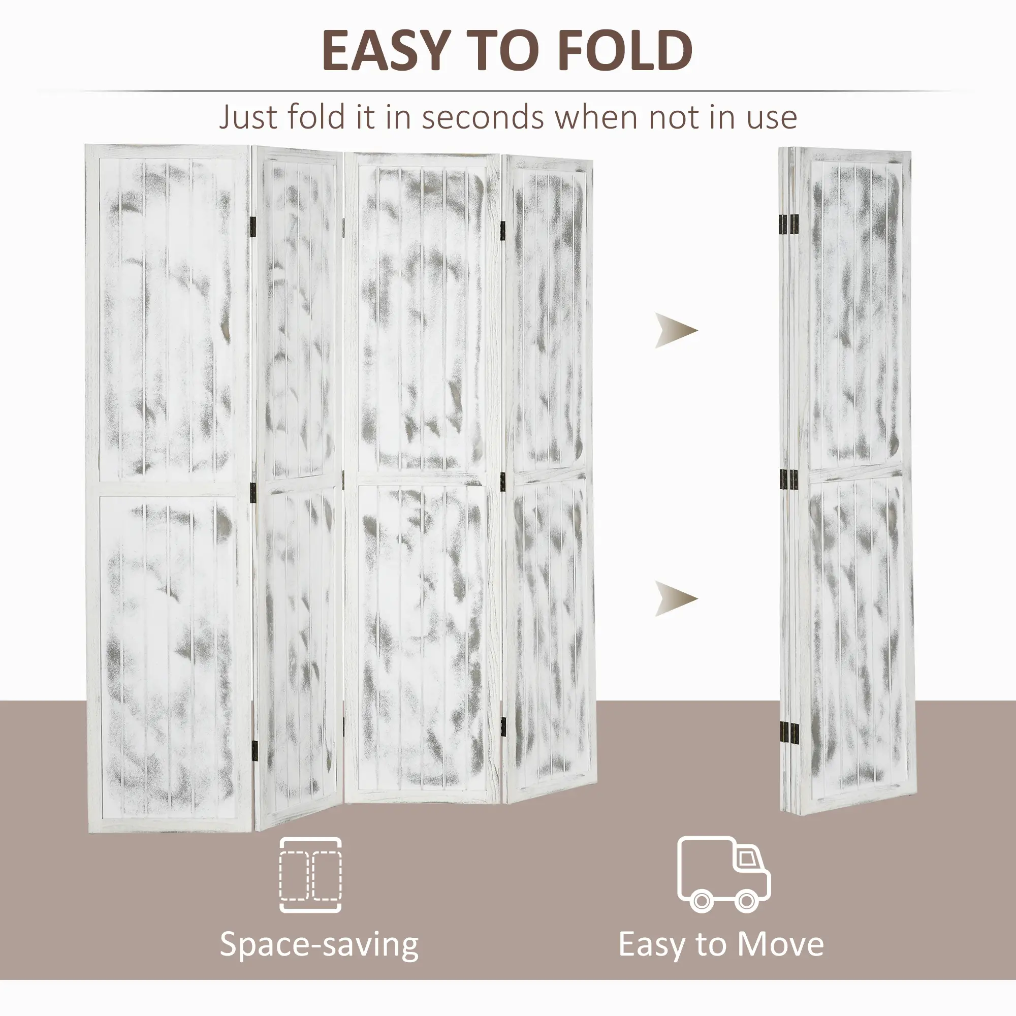 Foldable Screen Divider, 5.5' Rustic, Indoor Bedroom Office, White - Image 4