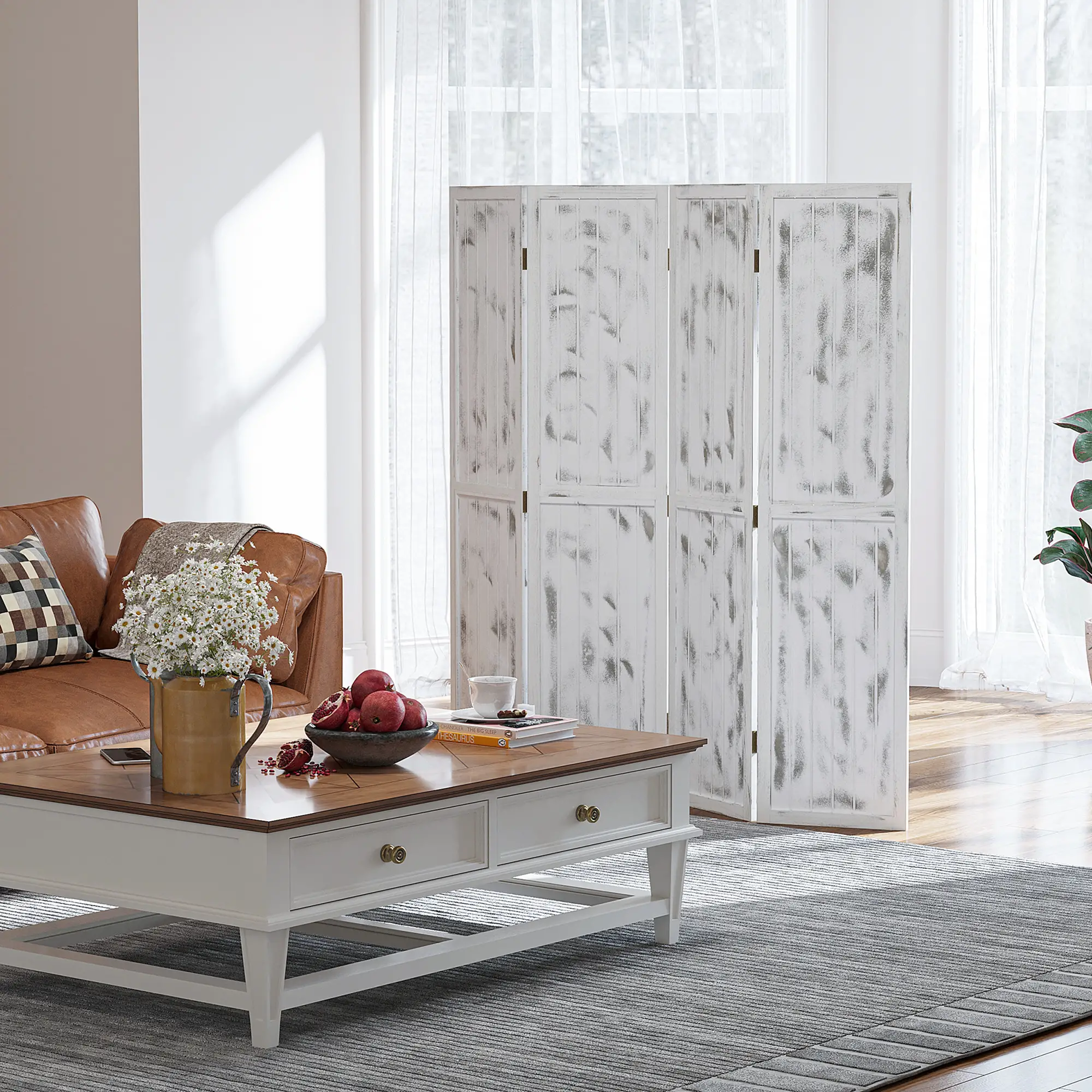 Foldable Screen Divider, 5.5' Rustic, Indoor Bedroom Office, White - Image 9