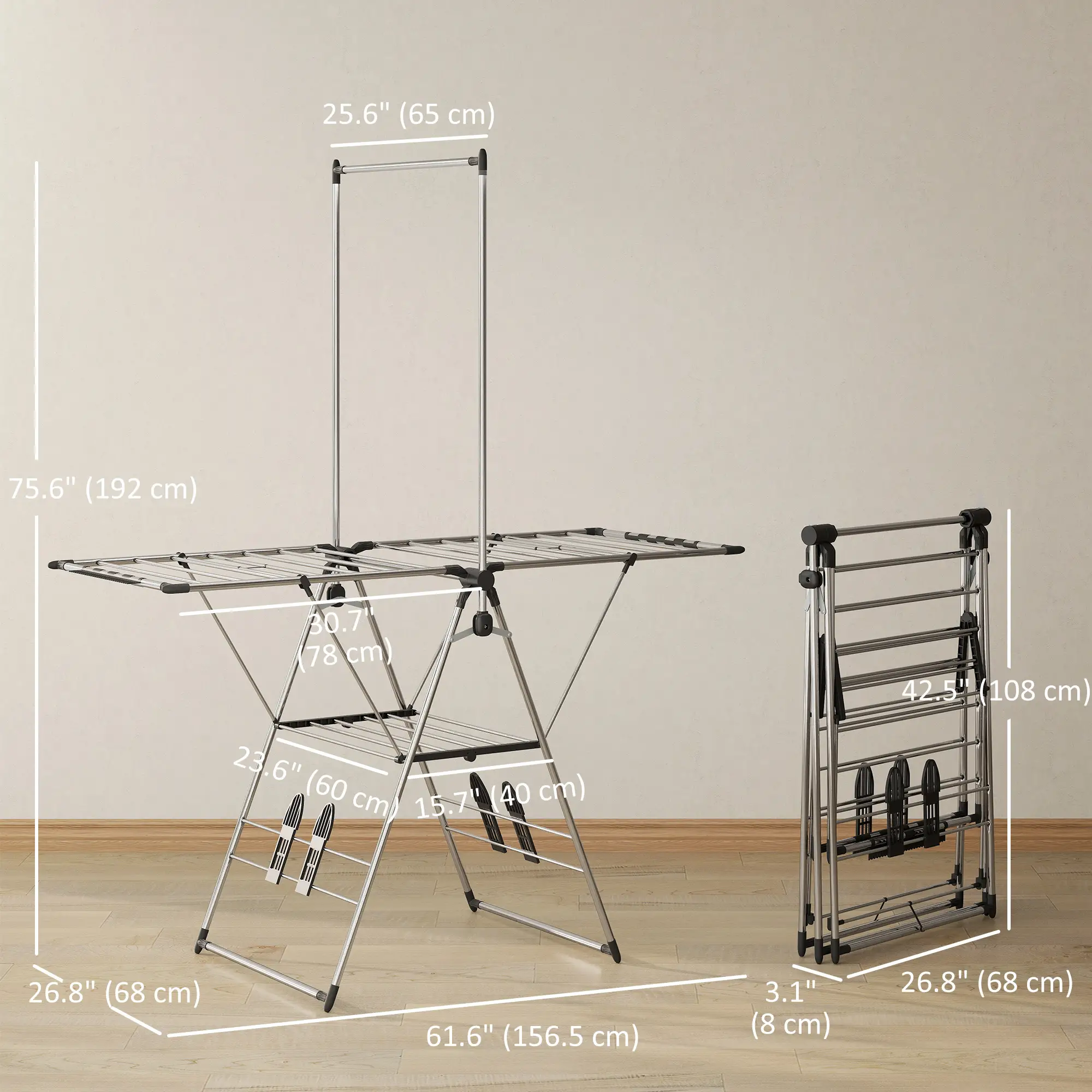 Foldable Stainless Steel Clothes Drying Rack, Adjustable Gullwings, Silver - Image 3