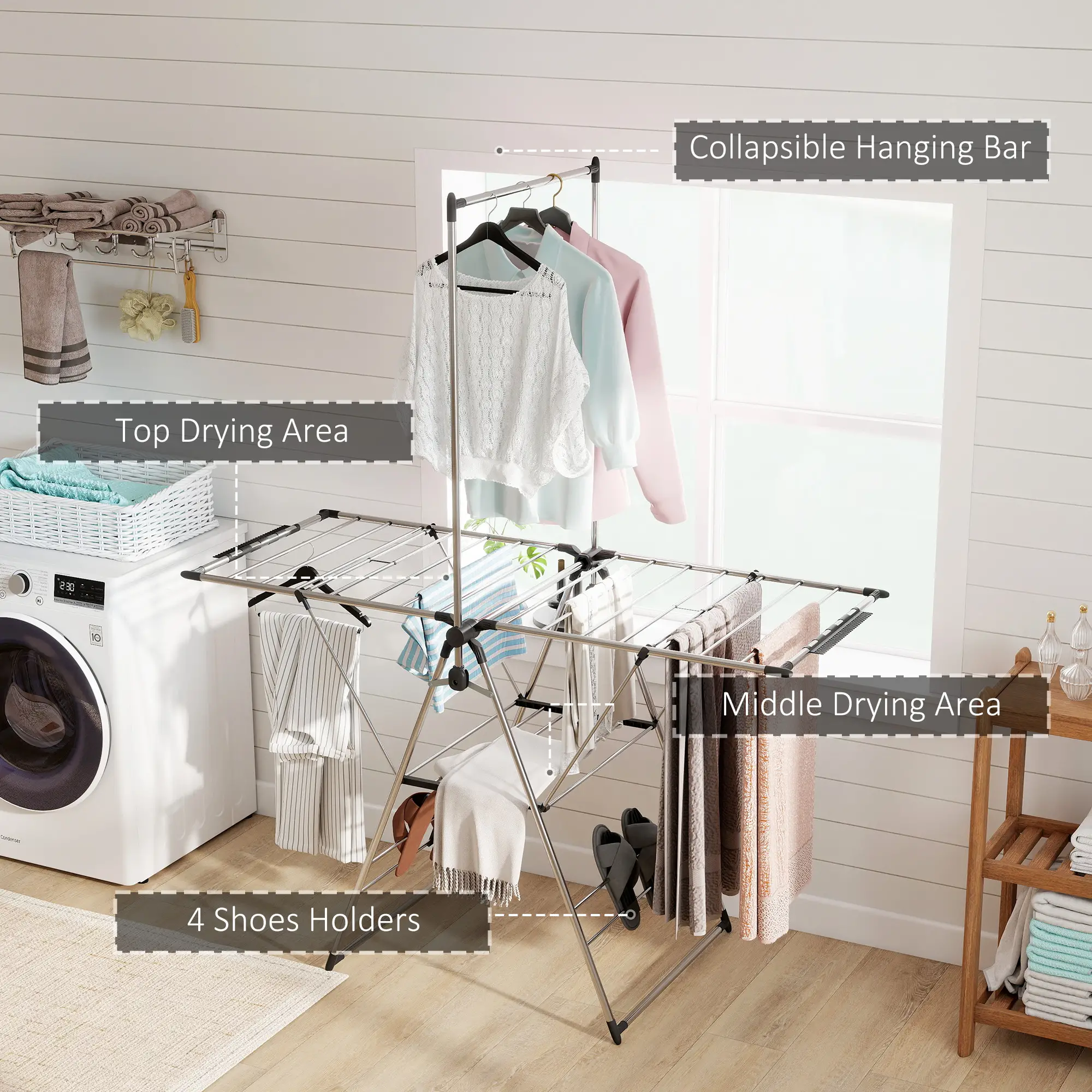 Foldable Stainless Steel Clothes Drying Rack, Adjustable Gullwings, Silver - Image 4