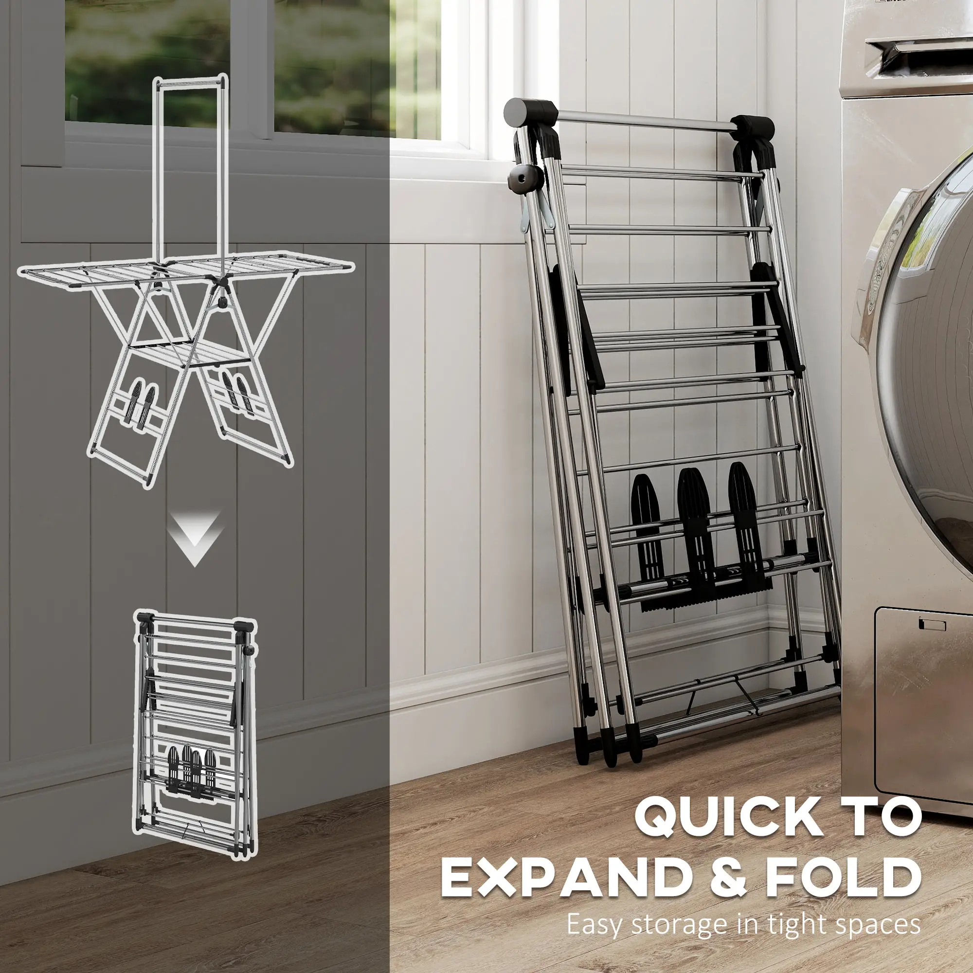 Foldable Stainless Steel Clothes Drying Rack, Adjustable Gullwings, Silver - Image 6