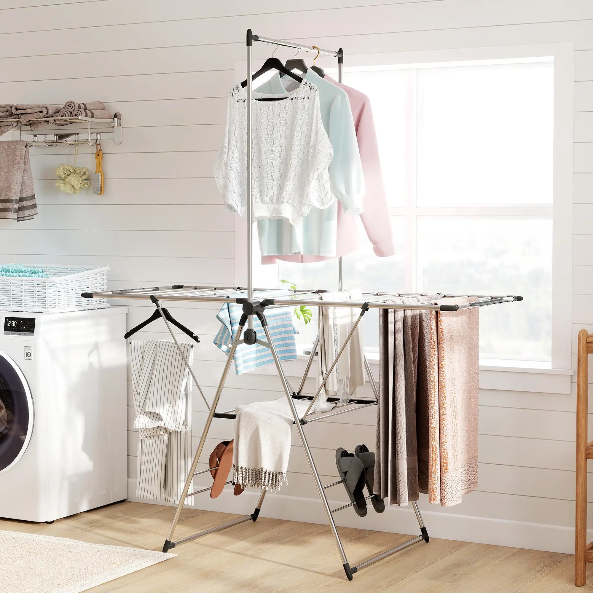 Foldable Stainless Steel Clothes Drying Rack, Adjustable Gullwings, Silver - Image 8