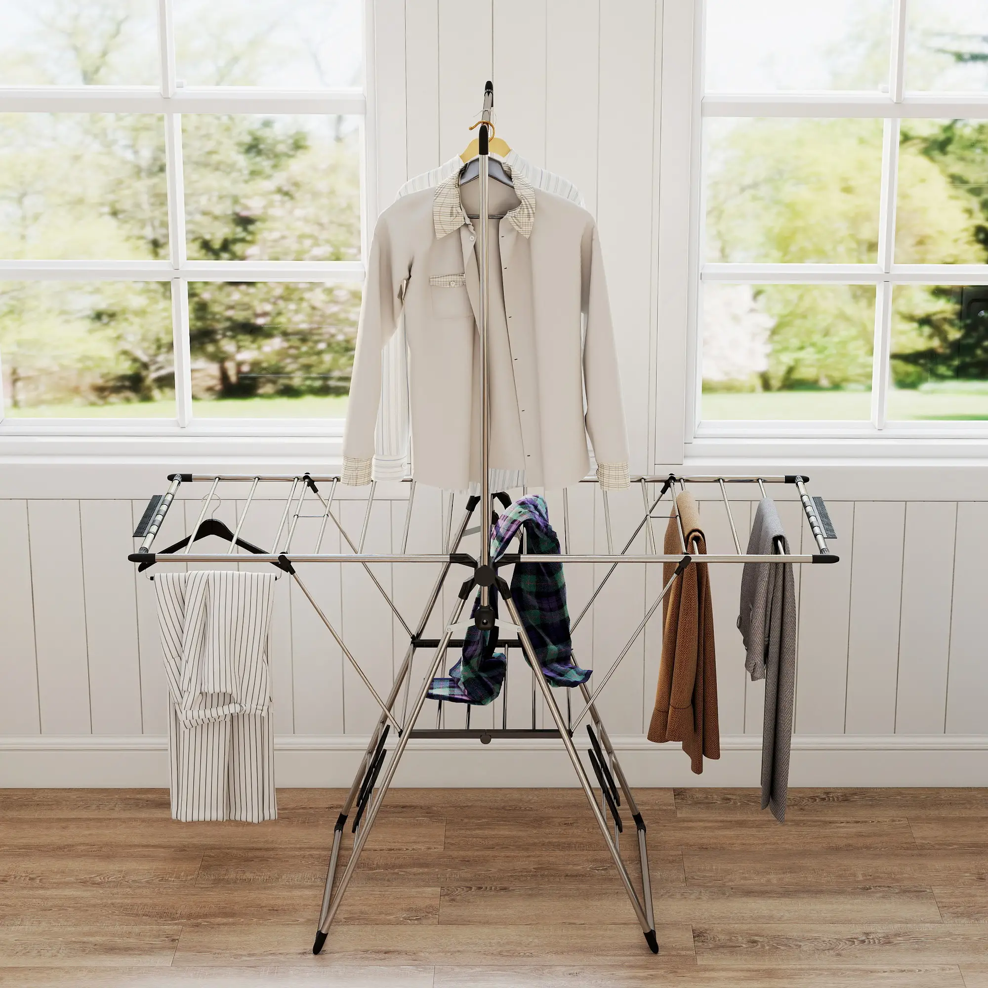 Foldable Stainless Steel Clothes Drying Rack, Adjustable Gullwings, Silver - Image 9