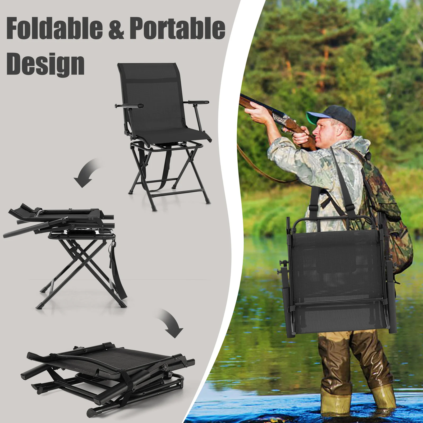 Foldable Swivel Patio Chair, Mesh Back, Black - Image 10